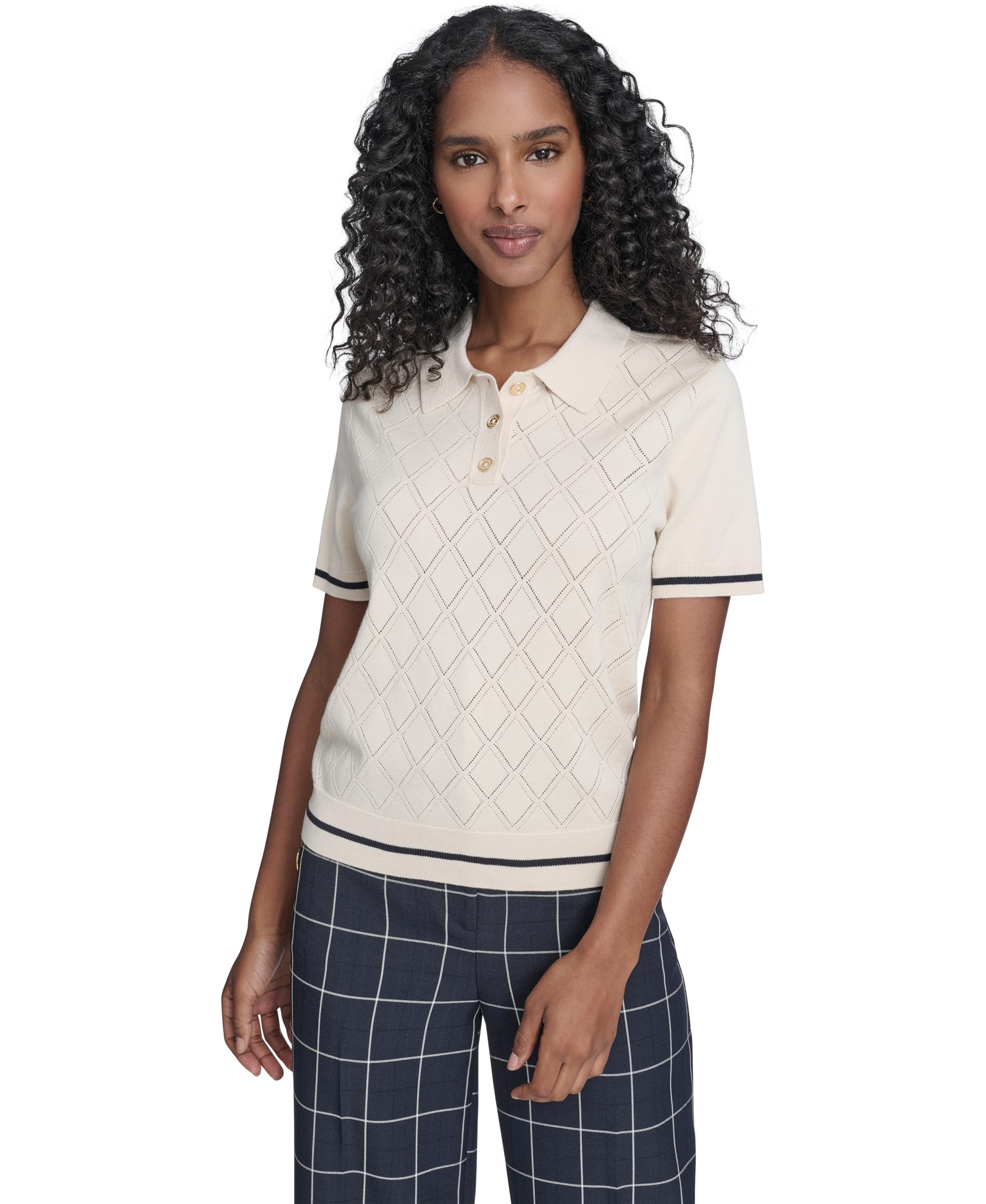 Tommy Hilfiger Women's Short Sleeve Johnny Collar Polo Sweater, Whitecap/Midnight, X-Small