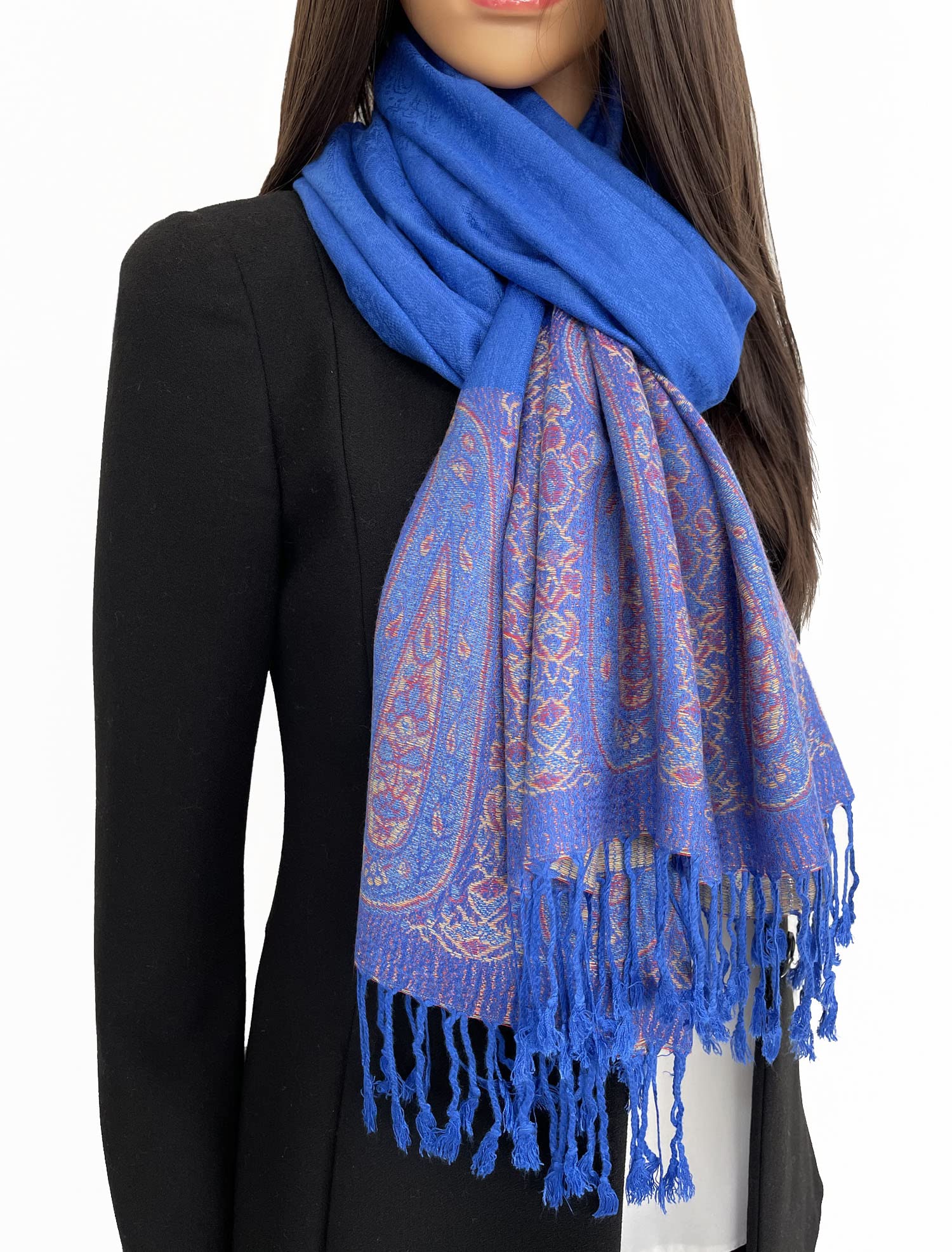 Women Pashmina Scarf Shawl Wrap - Large Long Paisley Floral Rainbow Ladies Scarves, Wearable Blanket Scarf, Womens Winter Scarfs, Indian Shawl Wedding Evening Stole, Head Scarf (Blue Paisley)