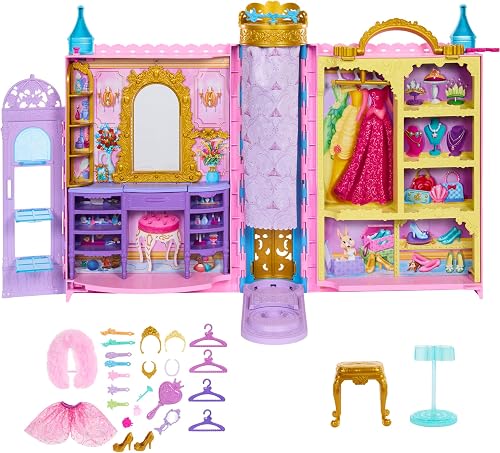 Mattel Disney Princess Closet Playset with 2 Fashions, 25 Accessories, Vanity, Dressing Room, Runway & Storage, Opens to 2 Feet Wide, Movie-Inspired, HXC20