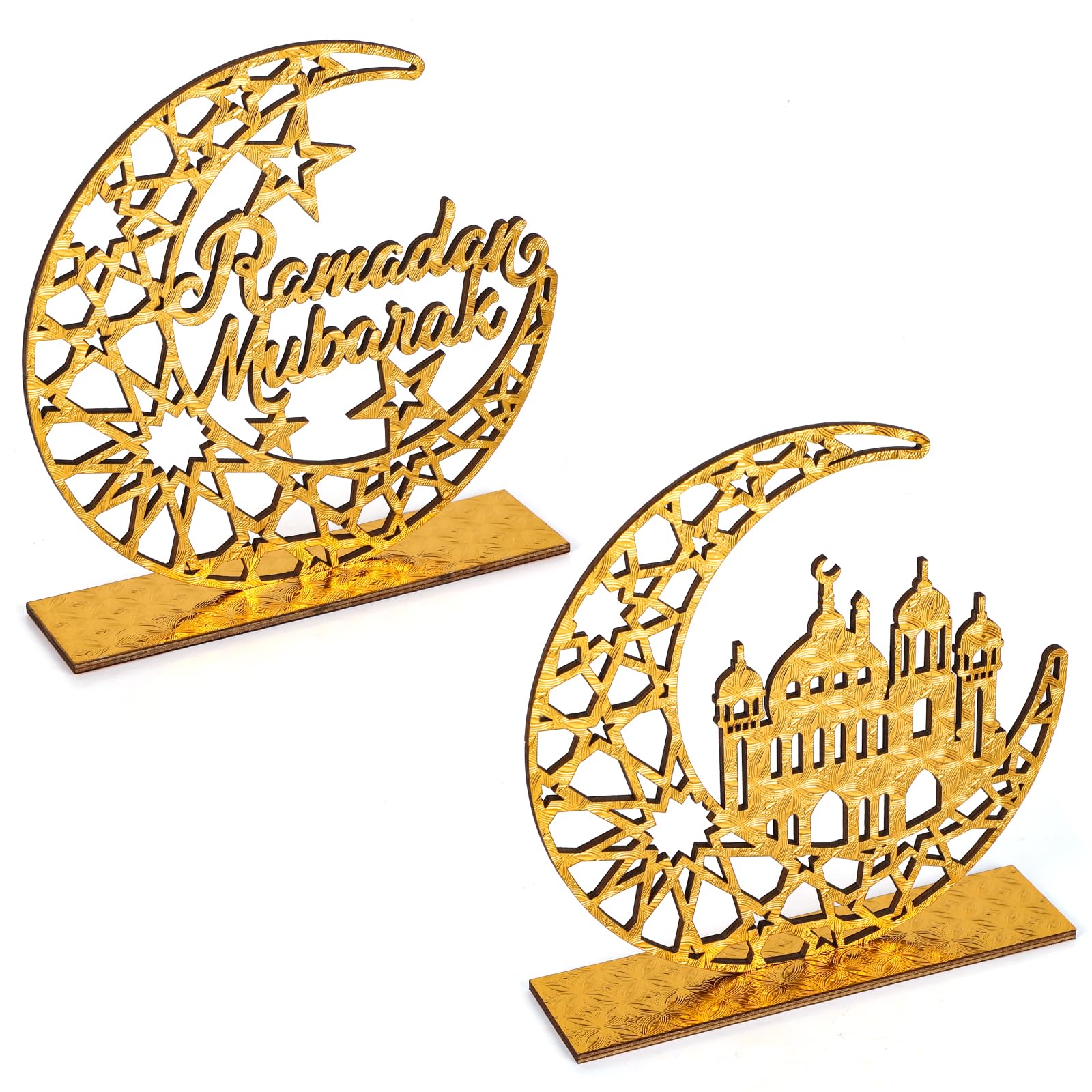 2 Pieces Wood Ramadan Decorations Islamic Eid Mubarak Kareem Table Sign Moon Hollow Star Ornament for Muslim Party Tabletop Decor Home Art Craft Decoration Golden Moon