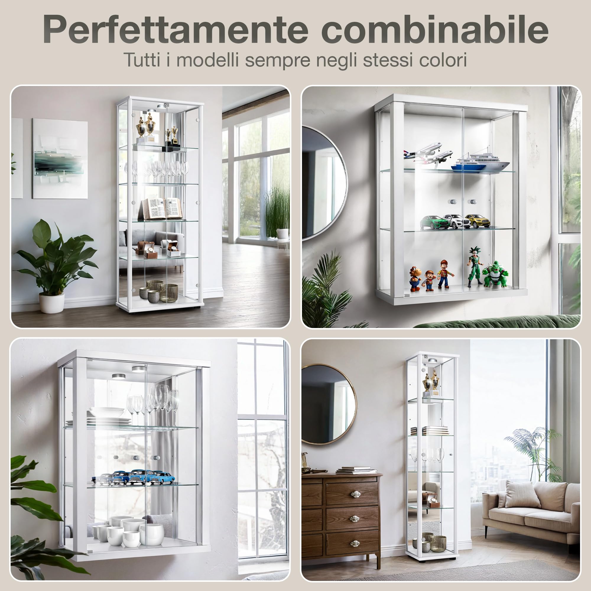 Vetrina in vetro bianco (80x60x25 cm) con 2 ripiani in vetro regolabili in altezza - Vetrina per modellini di auto bianco - Vetrina per collezionisti