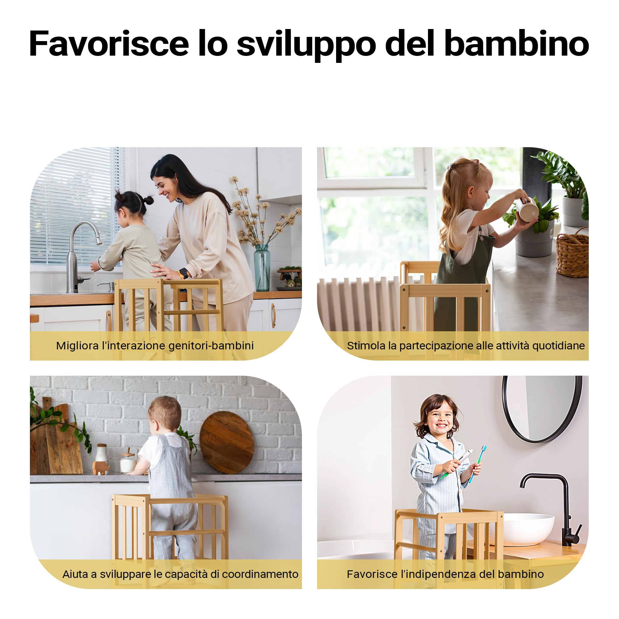 Wiltec Torre Montessori in bambù 46x46x90cm, con barre di protezione, Learning tower Scala montessoriana