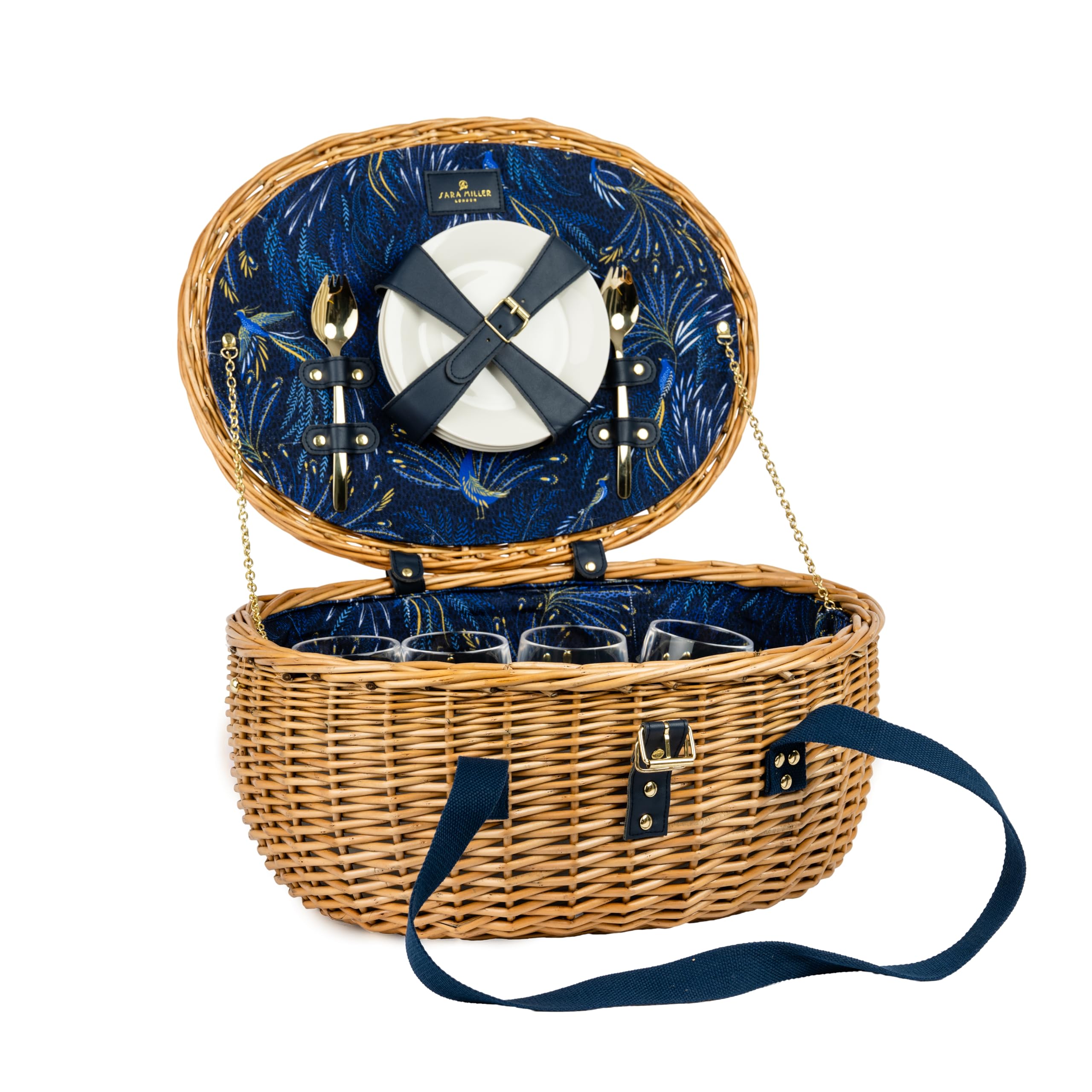 Navigate Sara Miller 4 Person Oval Wicker Picnic Hamper, Navy, Includes Ceramic Plates, Wine Glasses, Sporks, Cheese Board