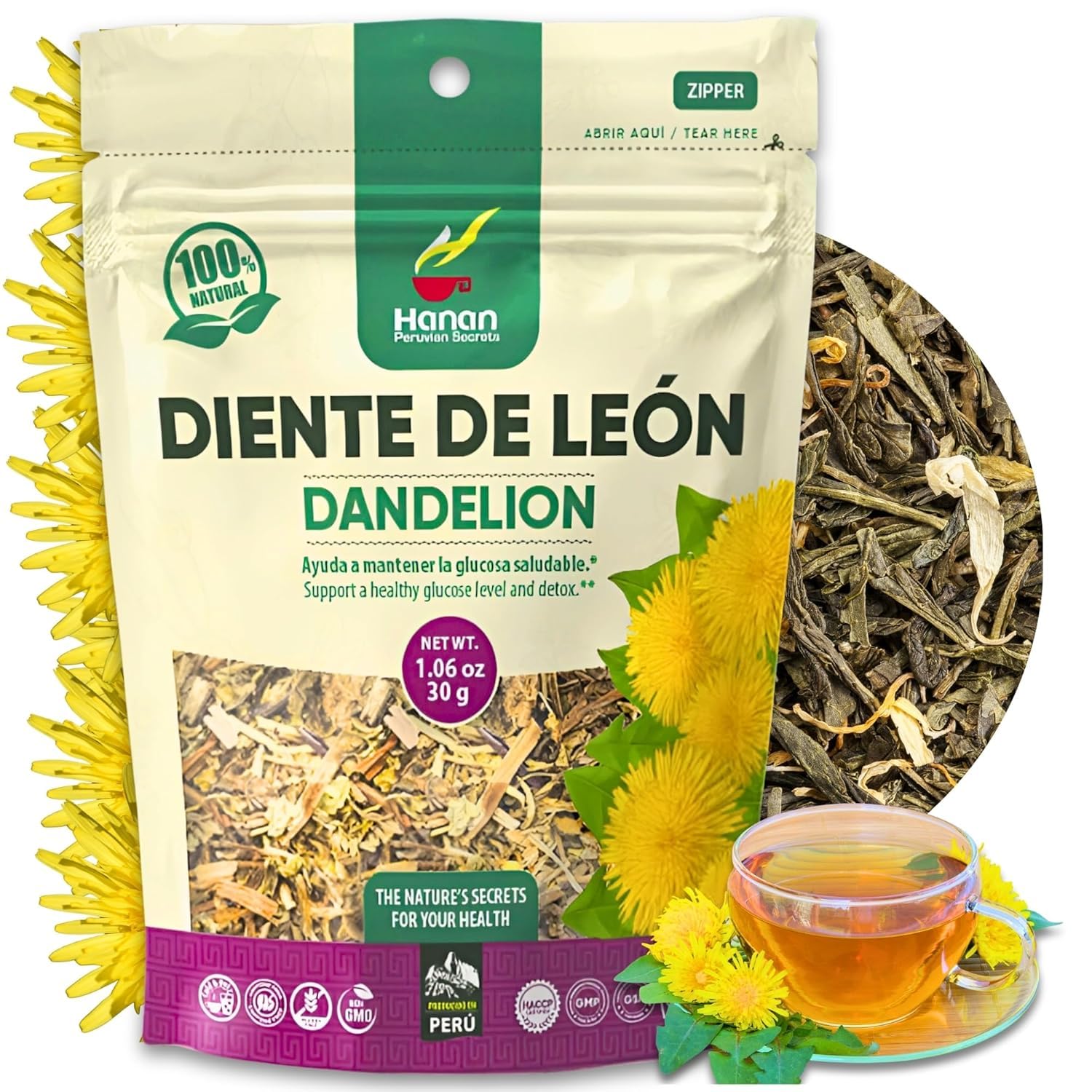 Hanan Dandelion Loose Herb Tea 3.2oz (90g Diente de Leon) - Pack of 3 Pouches with 30 Grams Each of All-Natural Dandelion Root Flower Plant Leaves