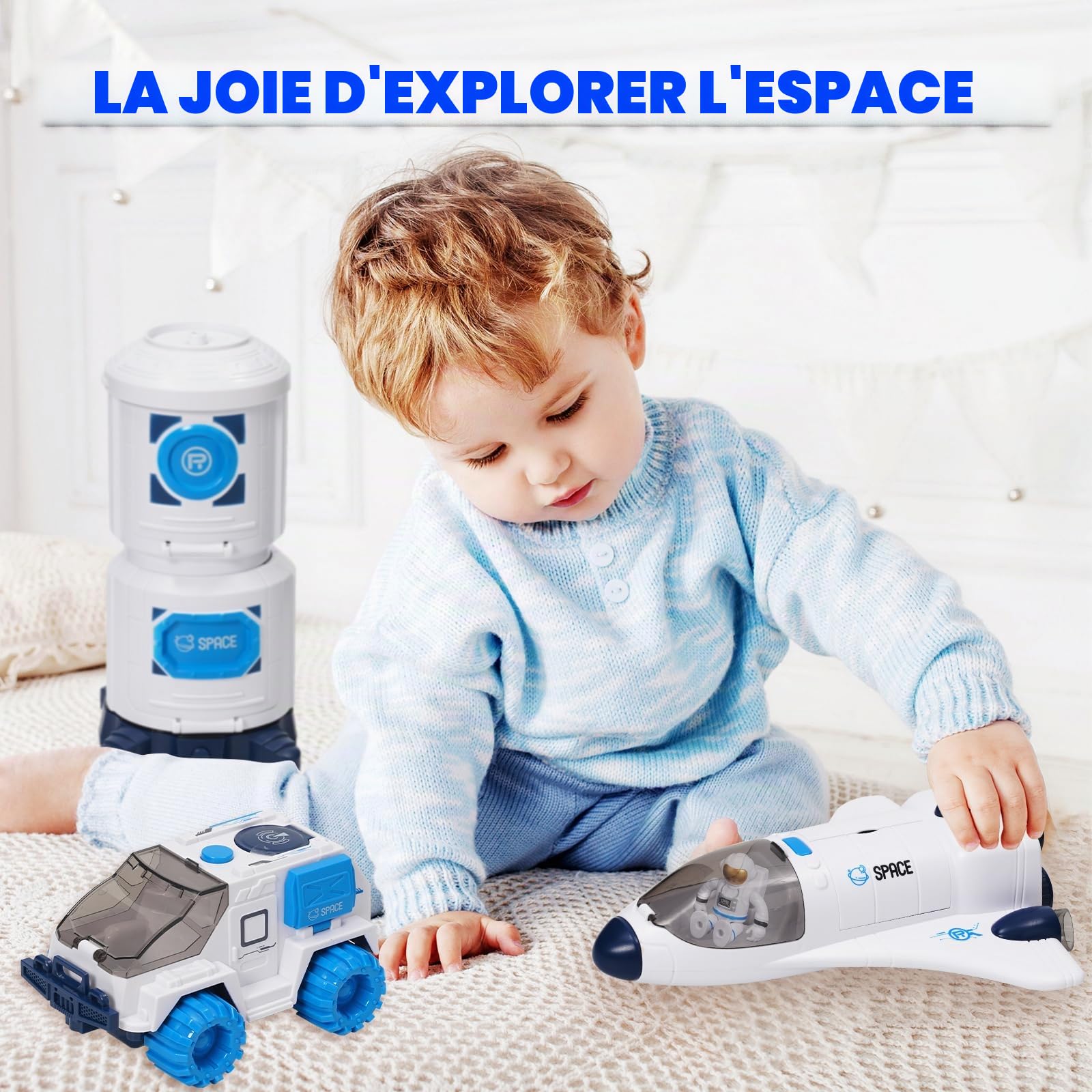 Fusée Jouet Espace pour Enfants, Navette Spatiale de vaisseau spatial avec effets de lumière et de son, jouet pour garçons et filles, kit de jeu d'exploration d'astronautes