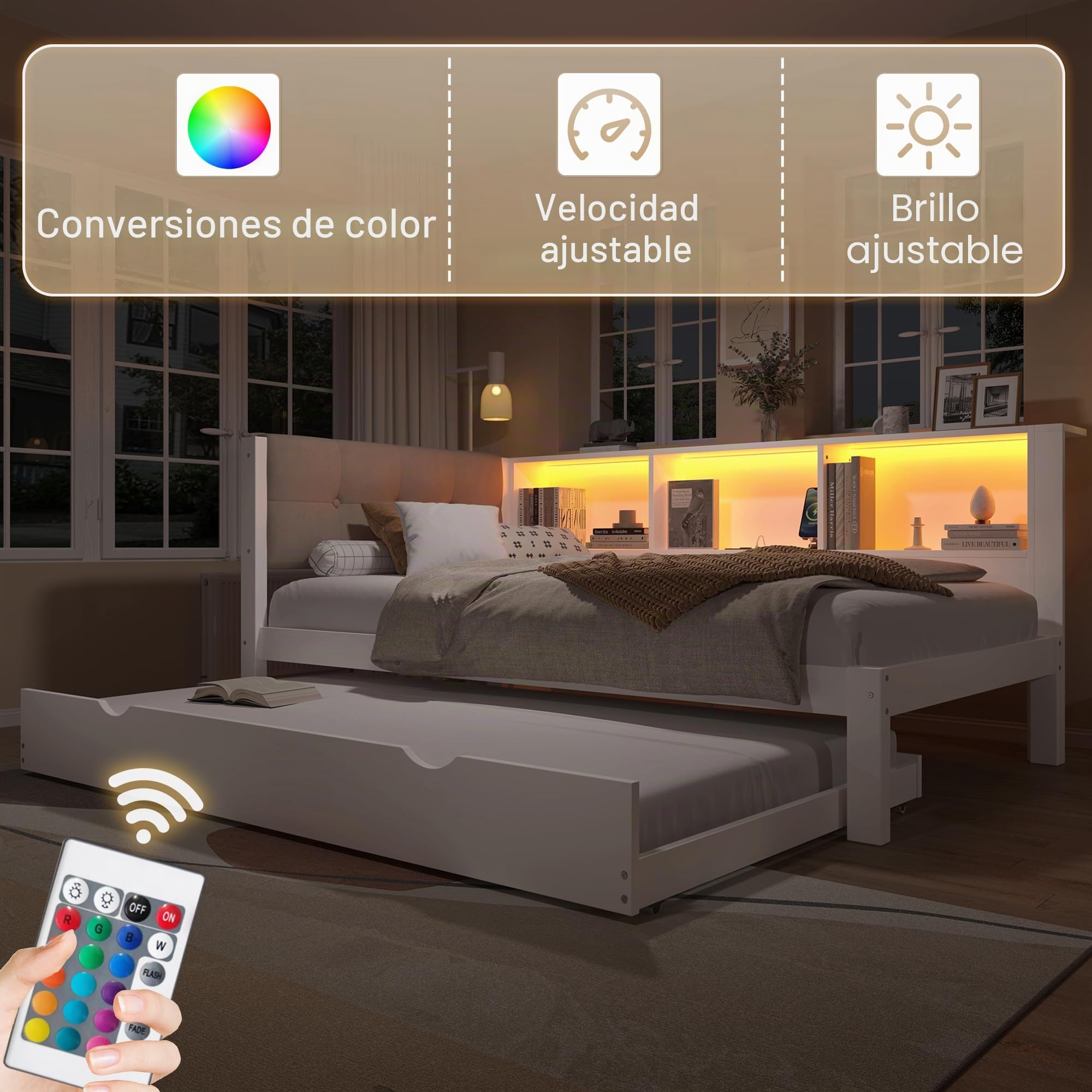 Cama infantil de 90 x 200 cm, con cama nido de 90 x 190 cm, con conector USB y tira LED, sofá cama con cabecero acolchado, estructura de madera, blanco, sin colchón (blanco, 90 x 200 cm)