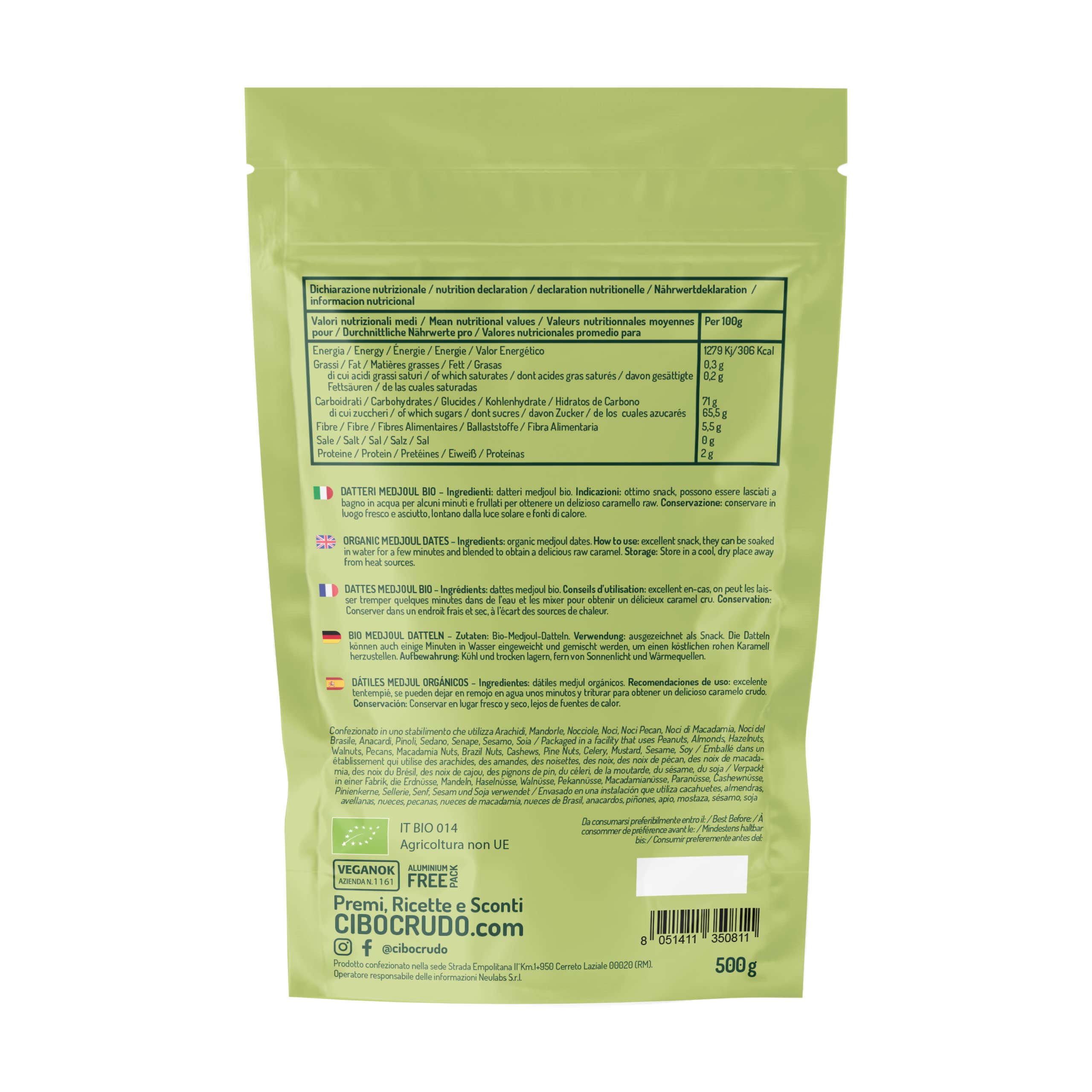CiboCrudo Datteri Medjoul Bio Crudi, Datteri Freschi, Datteri Giganti Raw Organic – 500gr – Categoria Giant Supreme, Grosso Calibro, Super Premium, Ricchi di Fibre, Etichette in Italiano