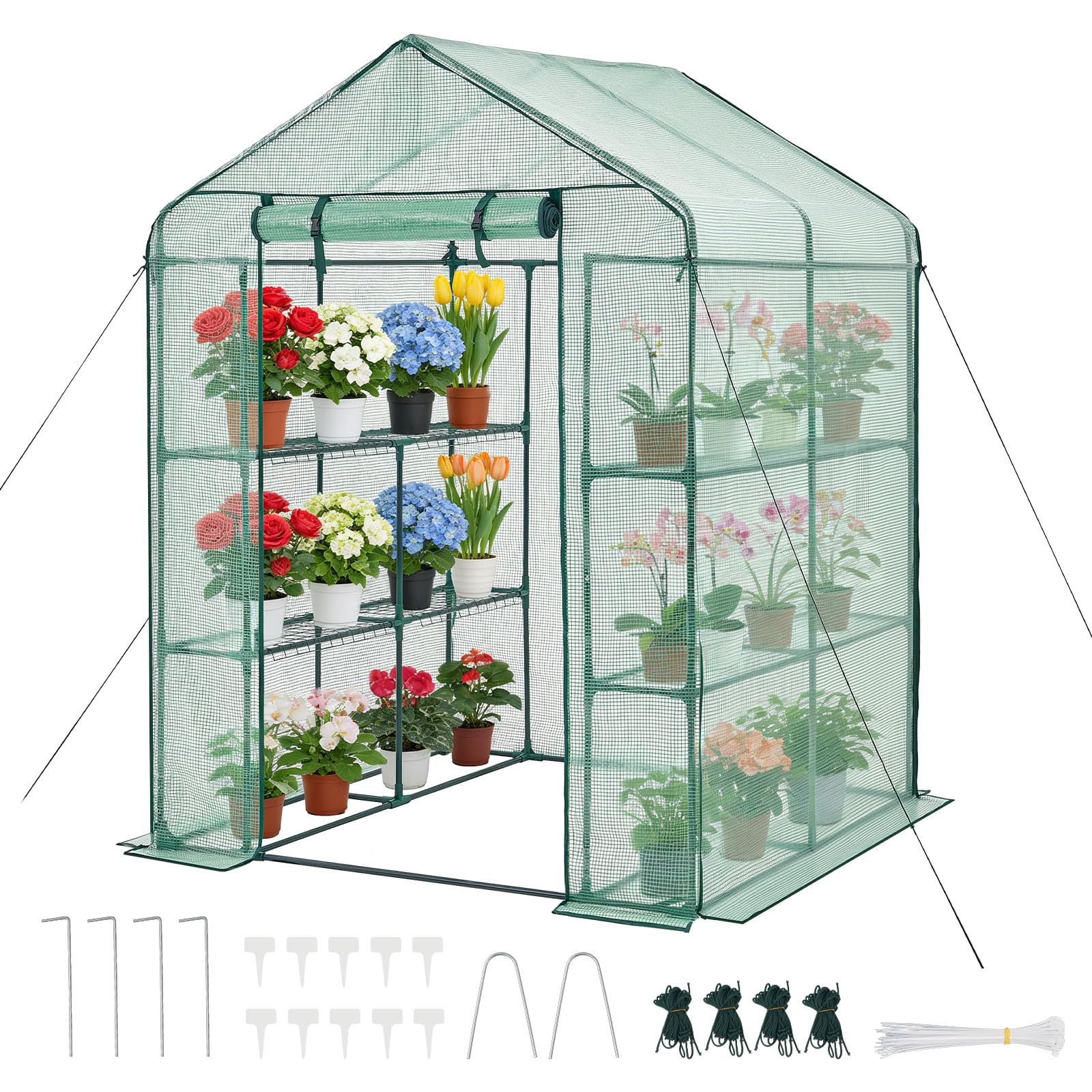 VEVOR Walk-in Green House, 4.6 x 4.6 x 6.6 ft Greenhouse with Shelves, Set Up in Minutes, High Strength PE Cover with Door & Windows and Steel Frame, Suitable for Planting and Storage, Green