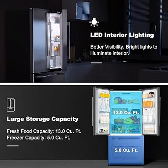 Galanz French Door Refrigerator with Installed Ice Maker and Bottom Freezer, Adjustable Electrical Thermostat Control, Frost Free, Energy Star Certified, Stainless Steel, 18 Cu Ft