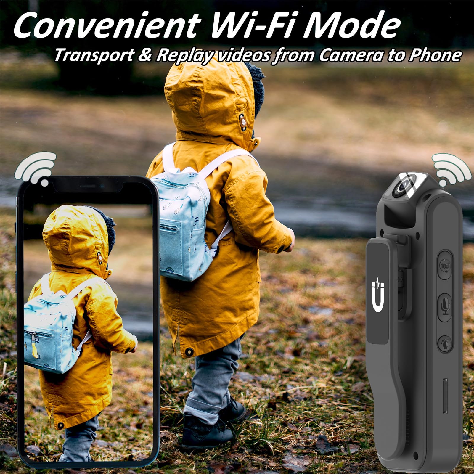 Mini Kamera Korpusowa Rejestrator Wideo, Kamera WiFi 1080P HD Magnetyczny Klips Ukryte Kamery do Noszenia z Obiektywem Obrotowym 180° 1300 MAh, Czas Pracy Baterii 5 Godzin