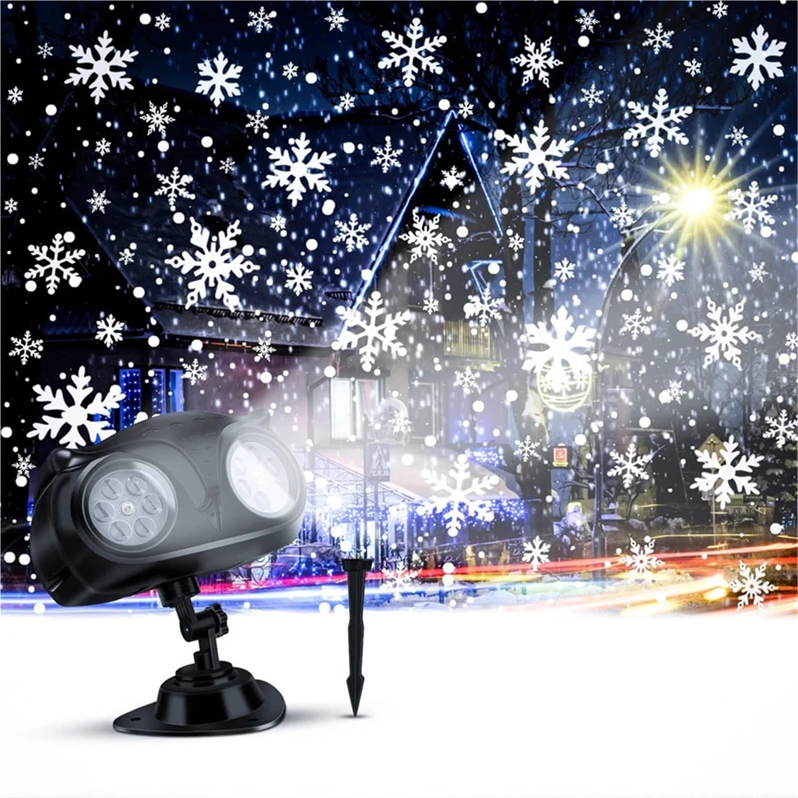 Proyector de copos de nieve navideños con forma de búho, lámpara LED de proyección de nevadas