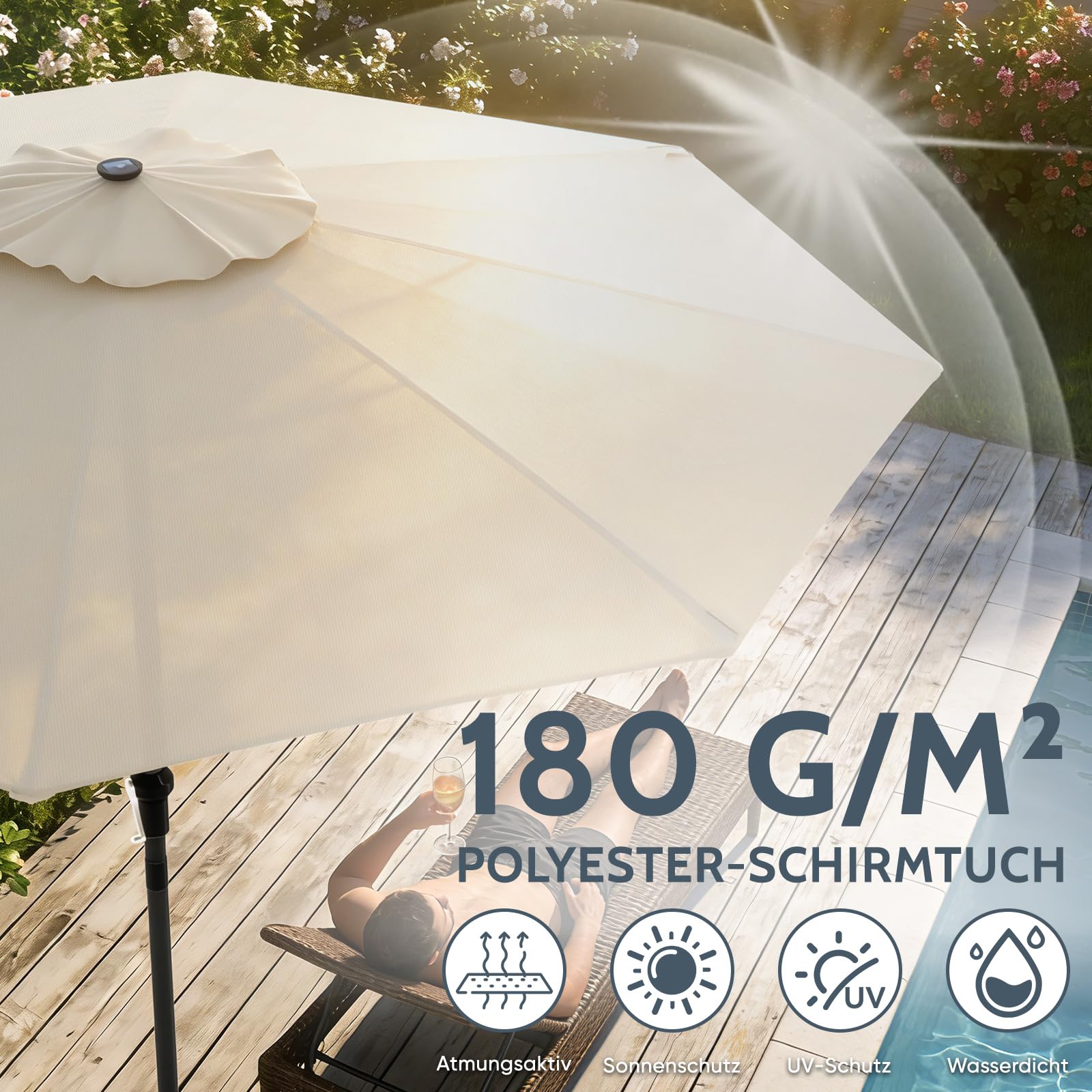 Huracan Sonnenschirm mit LED solar Ø300cm, Gartenschirm ohne Ständer, Balkonschirm Strandschirm UV-Schutz Polyester Wasserabweisend und Schmutzabweisend, Groß Marktschirm für Balkon Terrasse, Creme