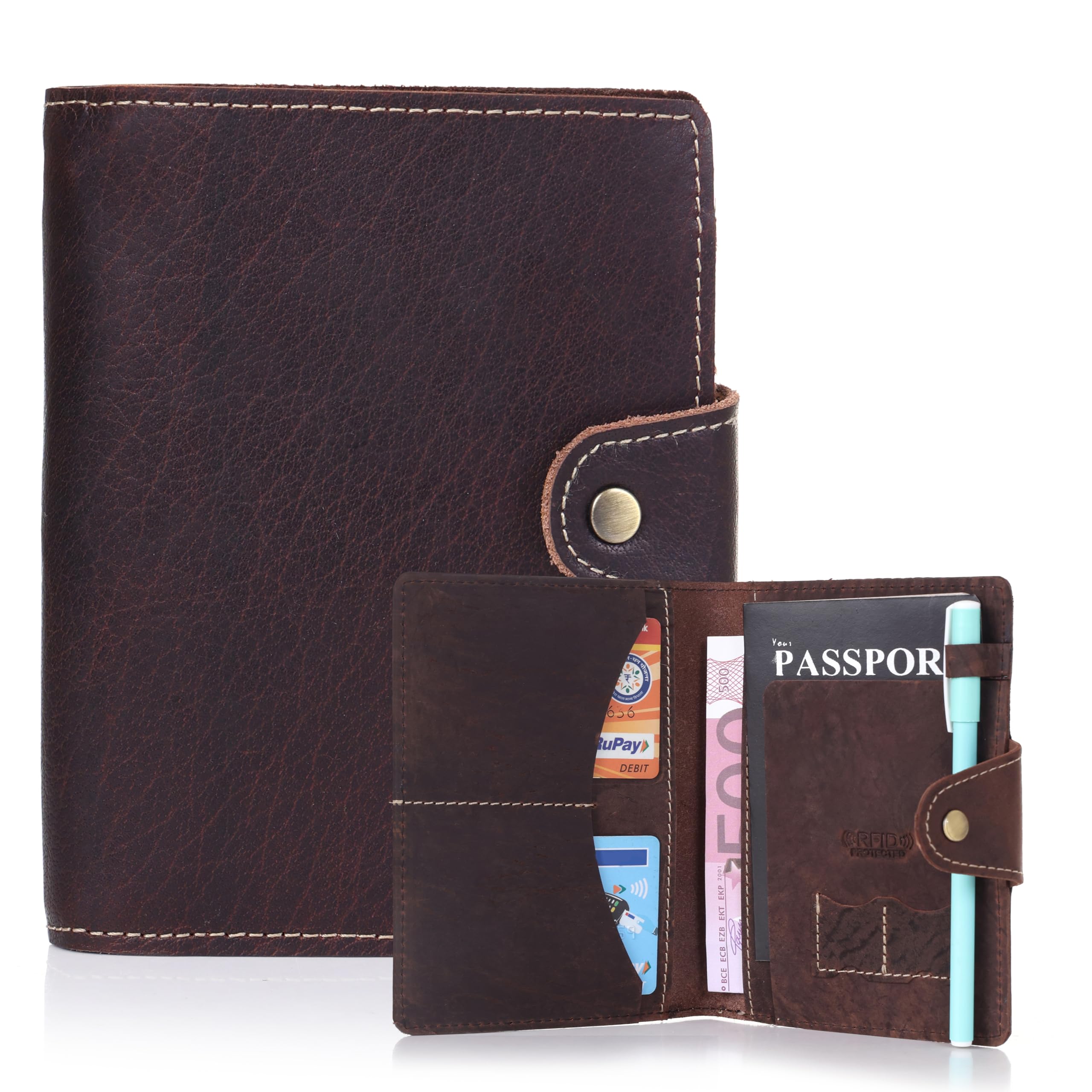 Genuine Full Grain Leather Passport Holder Minimalist RFID Travel Wallet Snap Bifold 1-2 Passport Case Credit Card Pen Slot Sim Card Holder Boarding Pass Outer Pocket 14.5 cm x 11 cm Light Brown,