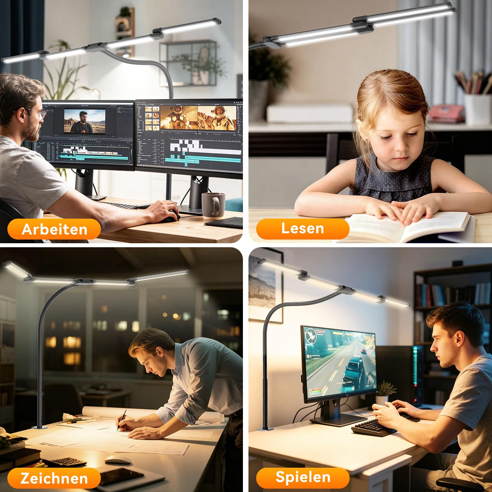 Schreibtischlampe LED Dimmbar, 118cm 4-Lichtbalken Schreibtischlampe Klemmbar, 24W 1960LM Augenschutz Schwanenhals Tischlampe, 5 Farben & 10 Helligkeiten für Zeichnen, Architekten, Schneider