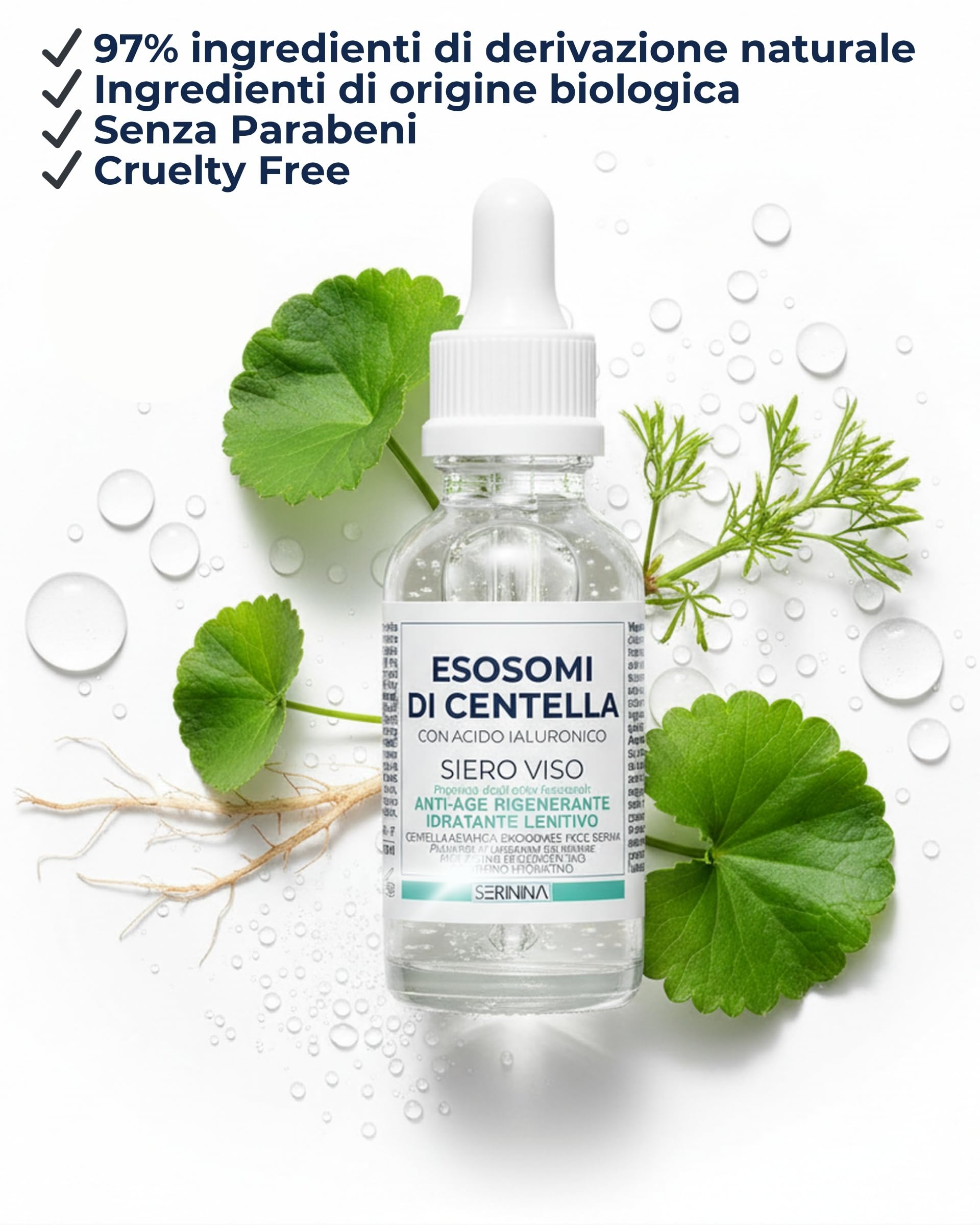 SERININA Siero Viso Esosomi Centella Asiatica Acido Ialuronico | Antirughe, Idratante Anti-Age, Protettivo, Pelle Sensibile, Glass Skin K-Beauty, 97% Naturale 30ml