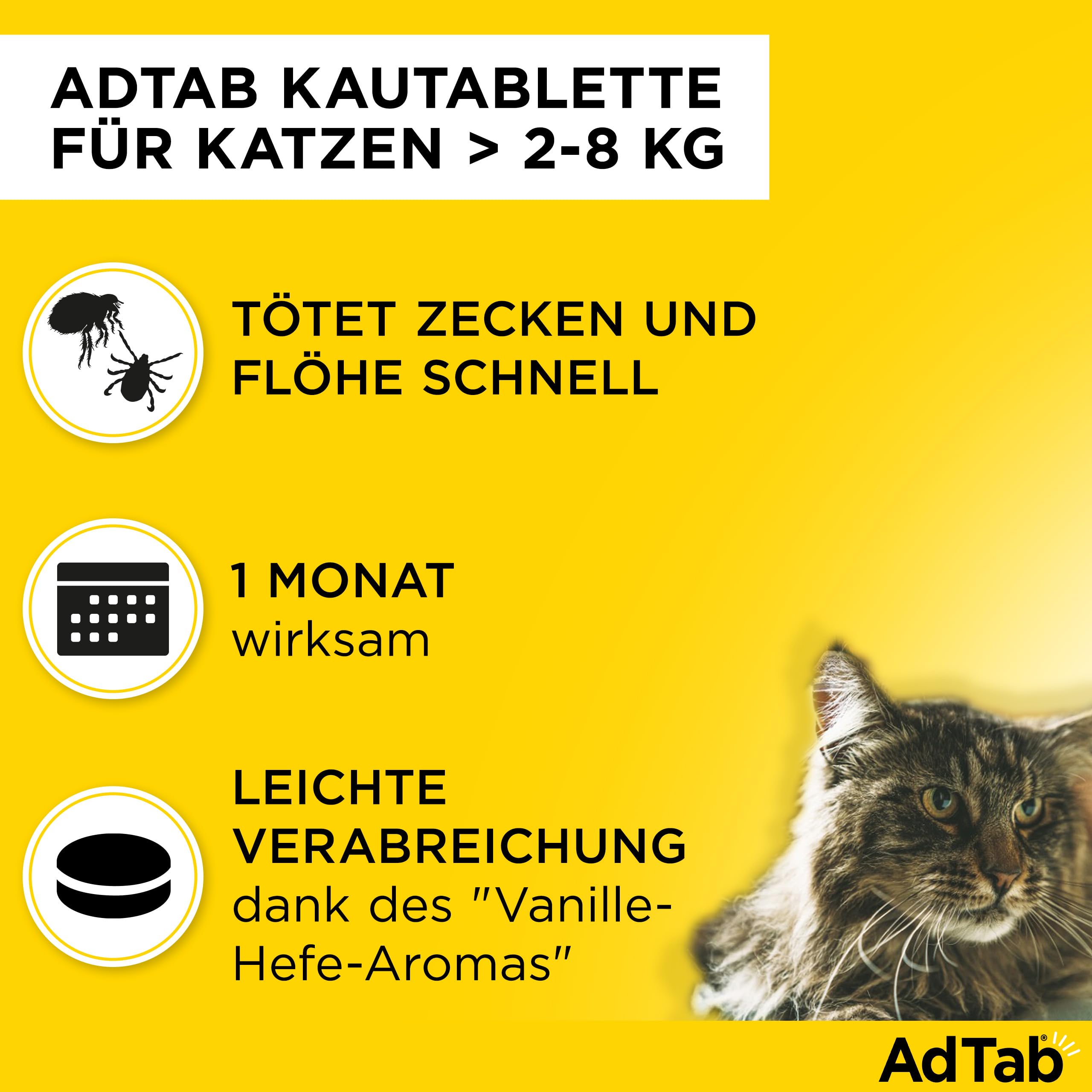 AdTab Katze 2-8 kg - Kautablette gegen Flöhe & Zecken, Doppelpack (6 St.) | Kleine, leckere Kautablette mit Vanille-Hefe-Aroma, 6 Monate Zeckenschutz und Flohschutz für deine Katze, schnelle Wirkung