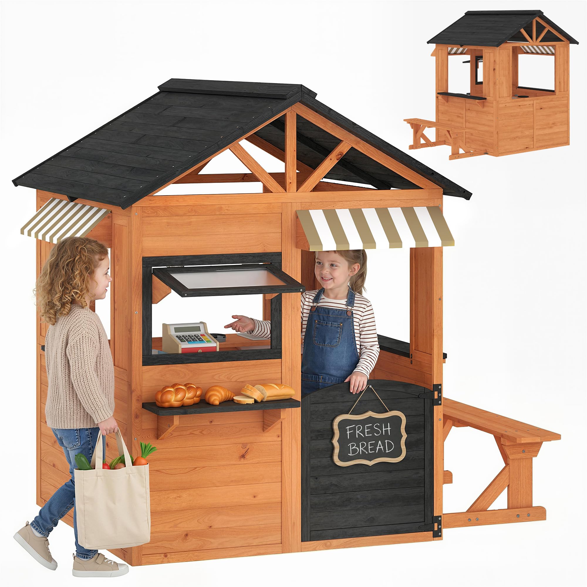 AIYAPLAY Casita Infantil Exterior e Interior de Madera, Casita Infantil Grande con Cocina de Juguete, Banco de Picnic, Ventanas de Servicio, Media Puerta, Casa de Jardín para Niños de 3-8 Años, Marrón