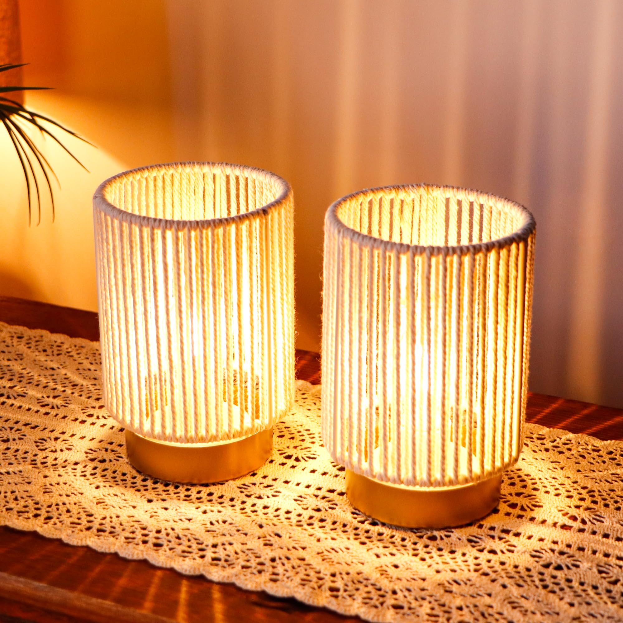 JHY DESIGN Set di 2 lampade da tavolo in corda di cotone intrecciato, altezza 17 cm, funzionamento a batteria, con timer di 6 ore accanto alle lanterne, ideale per soggiorno, camera da letto