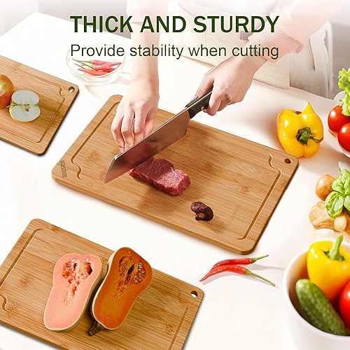 Miniatura 2 de Azaeahom Tablas de cortar de bambú para cocina, tabla de cortar de madera con ranuras para jugo y asas integradas, tabla de cortar grande, mediana y