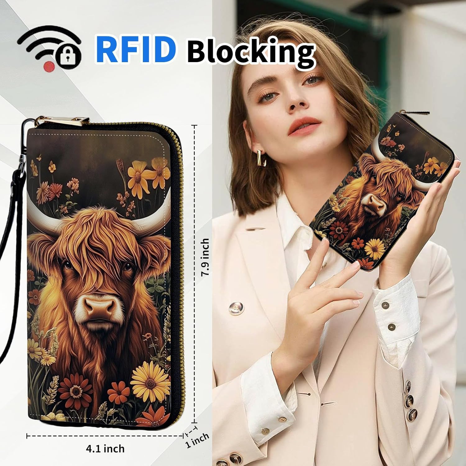 Women's Wallets,PU Leather Wristlet Wallet for Women,Card Holder Organizer Ladies Clutch with Zipper & Phone Holder-Beautiful Highland Cow - Image 2