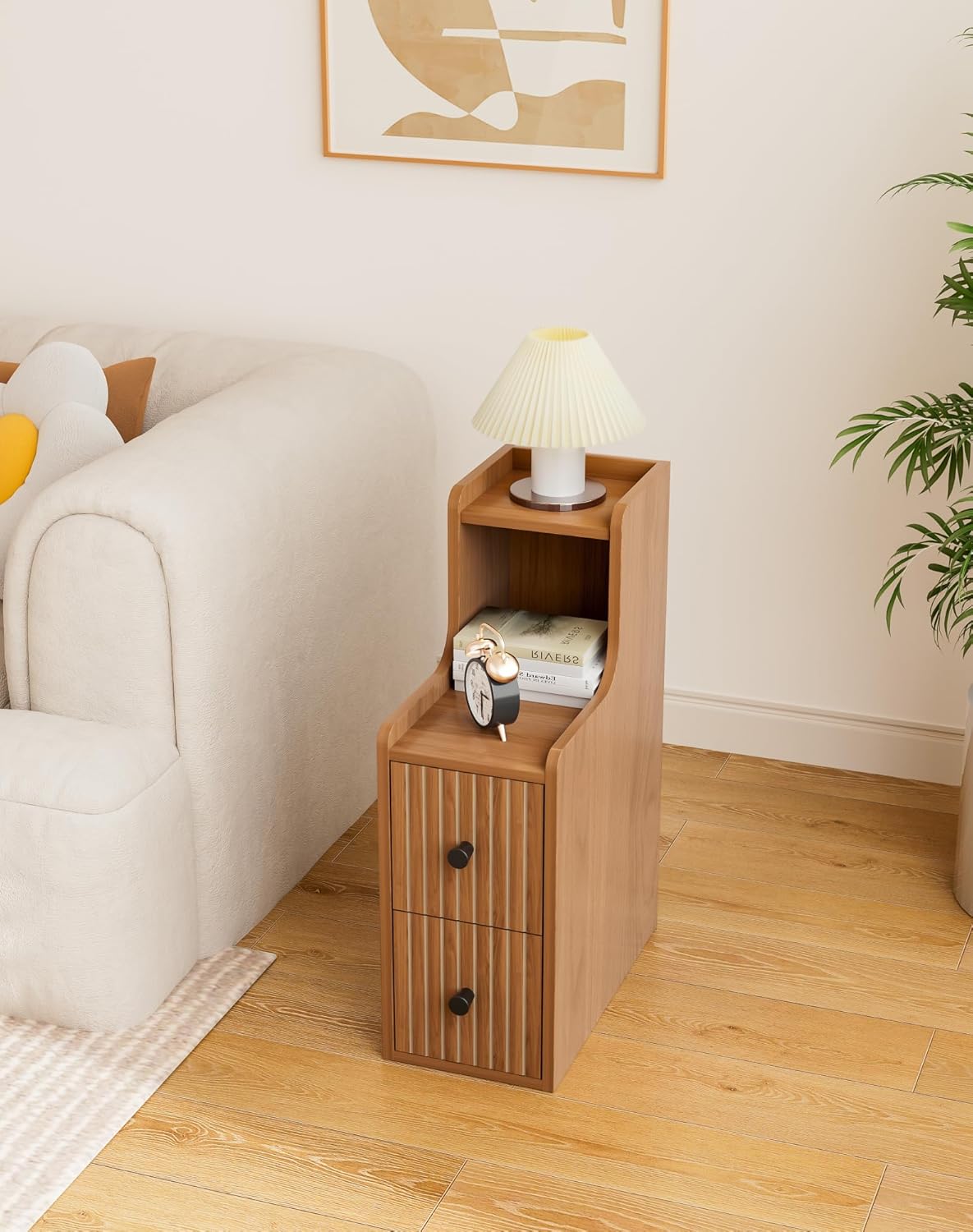 Narrow Side Table with 2 Drawers, Small Bedside Tables, Mid Century Modern Slim Night Stand with Storage, Wooden End Table for Small Spaces, Bedroom, Living Room（No Charging Station）