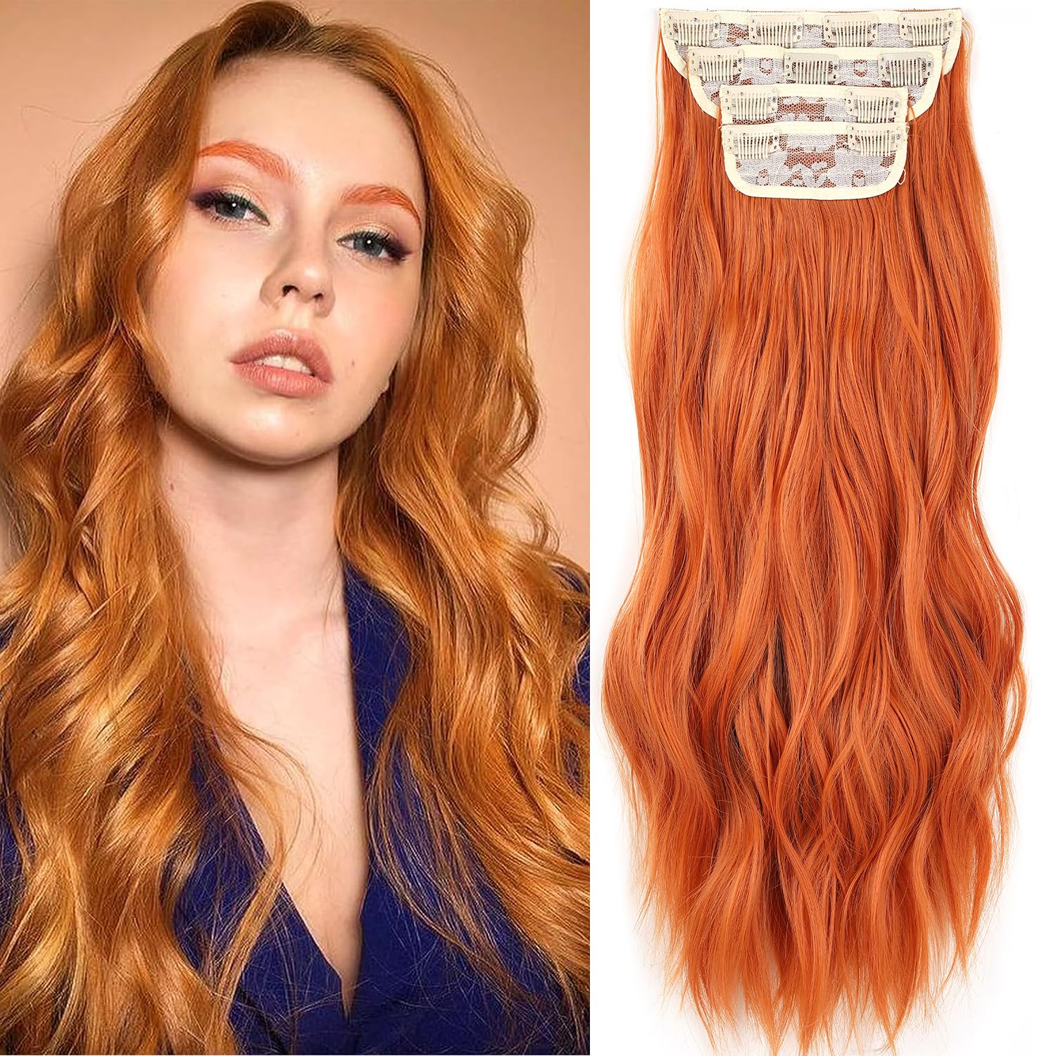 Xtrend 24Inch Auburn Clip in Hair Extensions, Synthetic Curly Wavy Pieces for Women Girls, 4PCS Full Head Set, Thick