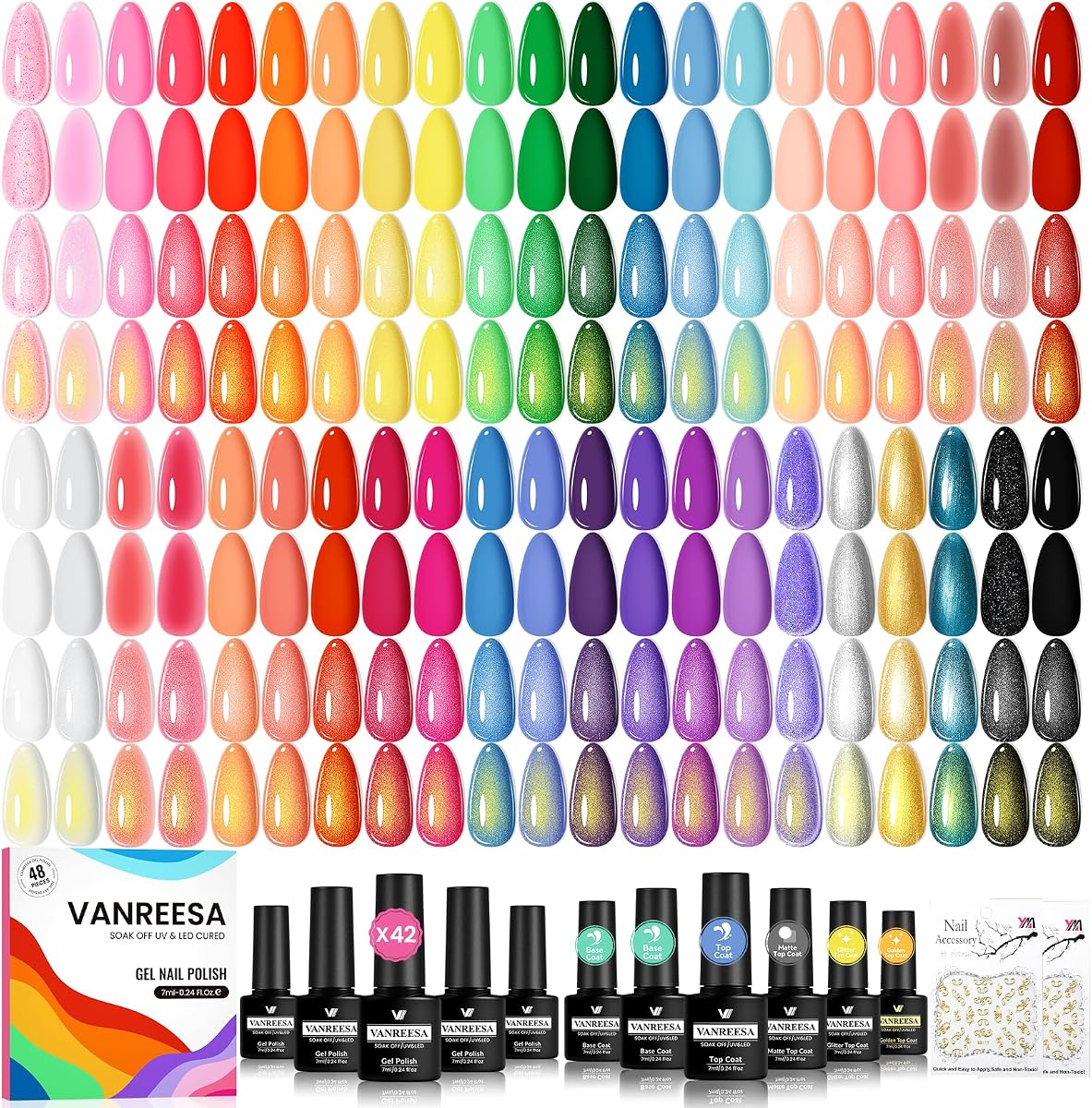 VANREESA 50PCS Gel Nail Polish Set - 42 Colors Summer Gel Nail Polish | 2 Base Coats & 4 Glossy/Matte/Glitter/Golden Top Coats & 2 Nail Stickers, Pink Red Orange Blue Gel Polish, Gifts for Women