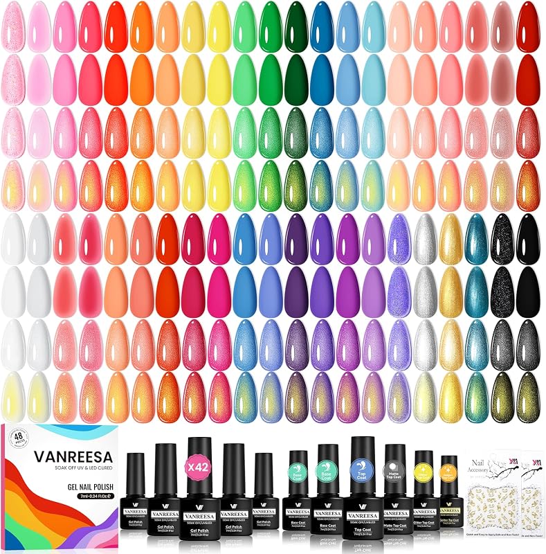 VANREESA 50PCS Gel Nail Polish Set - 42 Colors Summer Gel Nail Polish | 2 Base Coats & 4 Glossy/Matte/Glitter/Golden Top Coats & 2 Nail Stickers, Pink Red Orange Blue Gel Polish, Gifts for Women