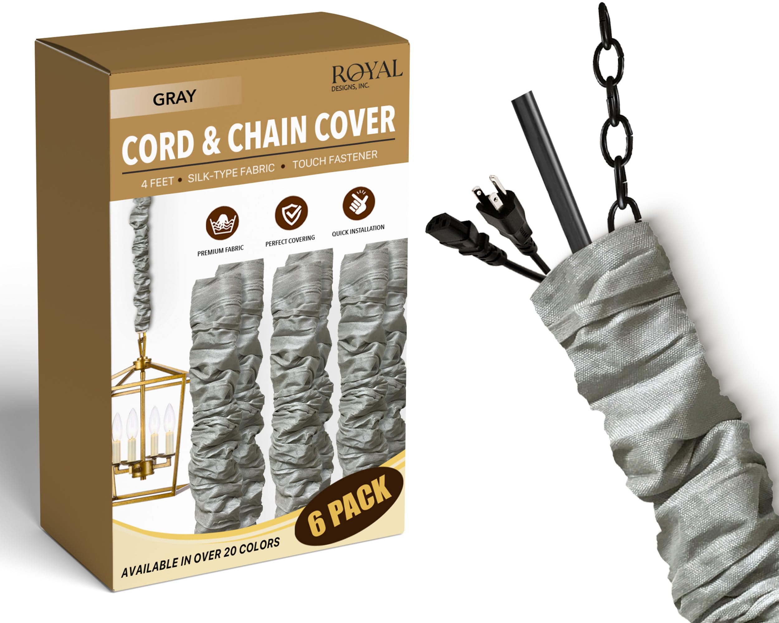 Royal Designs, Inc. Cord &amp; Chain Cover 4 ft Silk Type Fabric, Chandelier Pendant Lighting Chain &amp; Cable Management, Touch Fastener, Gray - 6 Pack