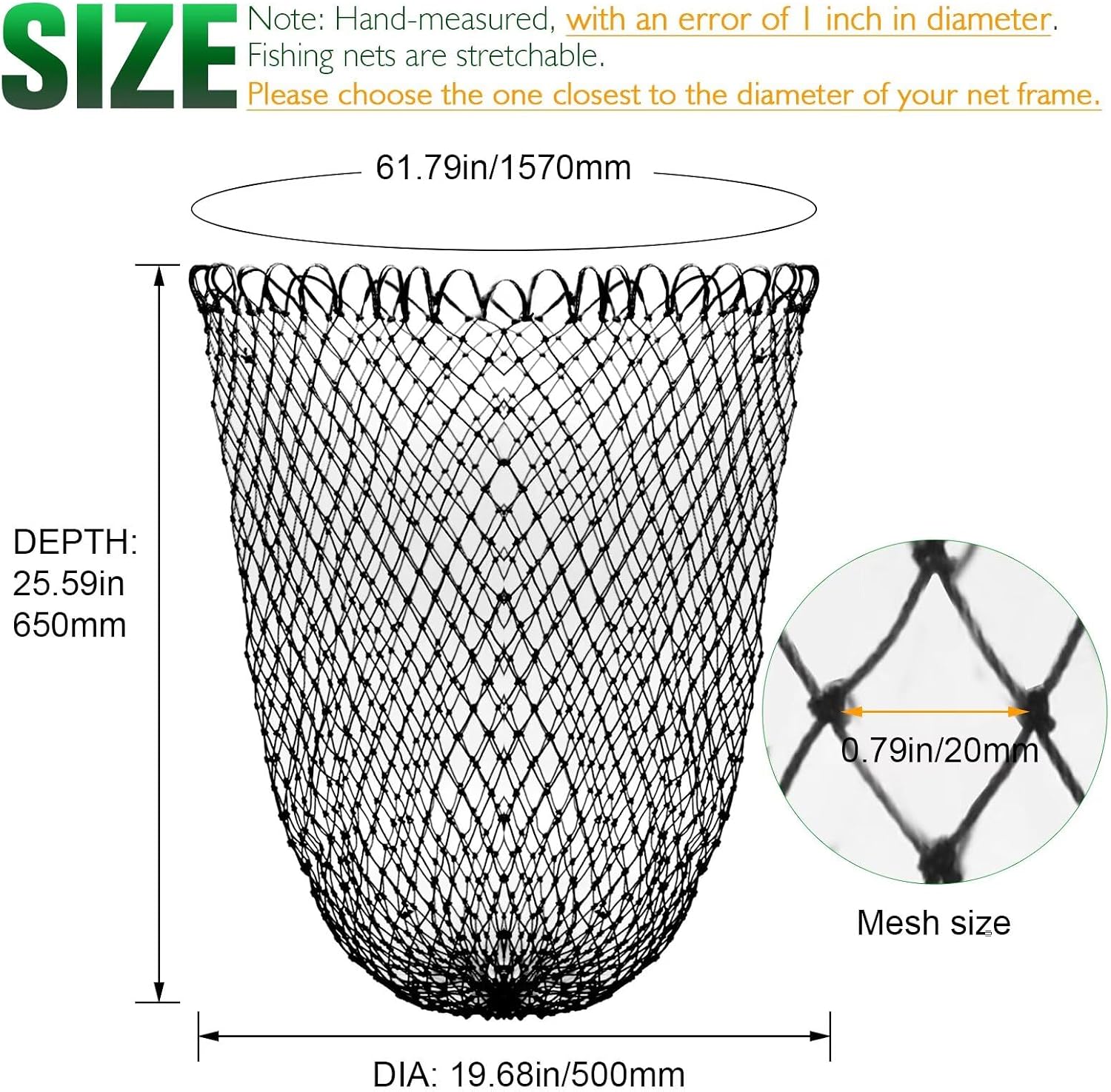 Fishing Net Fish Landing Net Foldable Fishing Replacement Net for Freshwater Saltwater Fishing Net Replacement Netting Green/Black 2 Colors Handle/Frame Not Included
