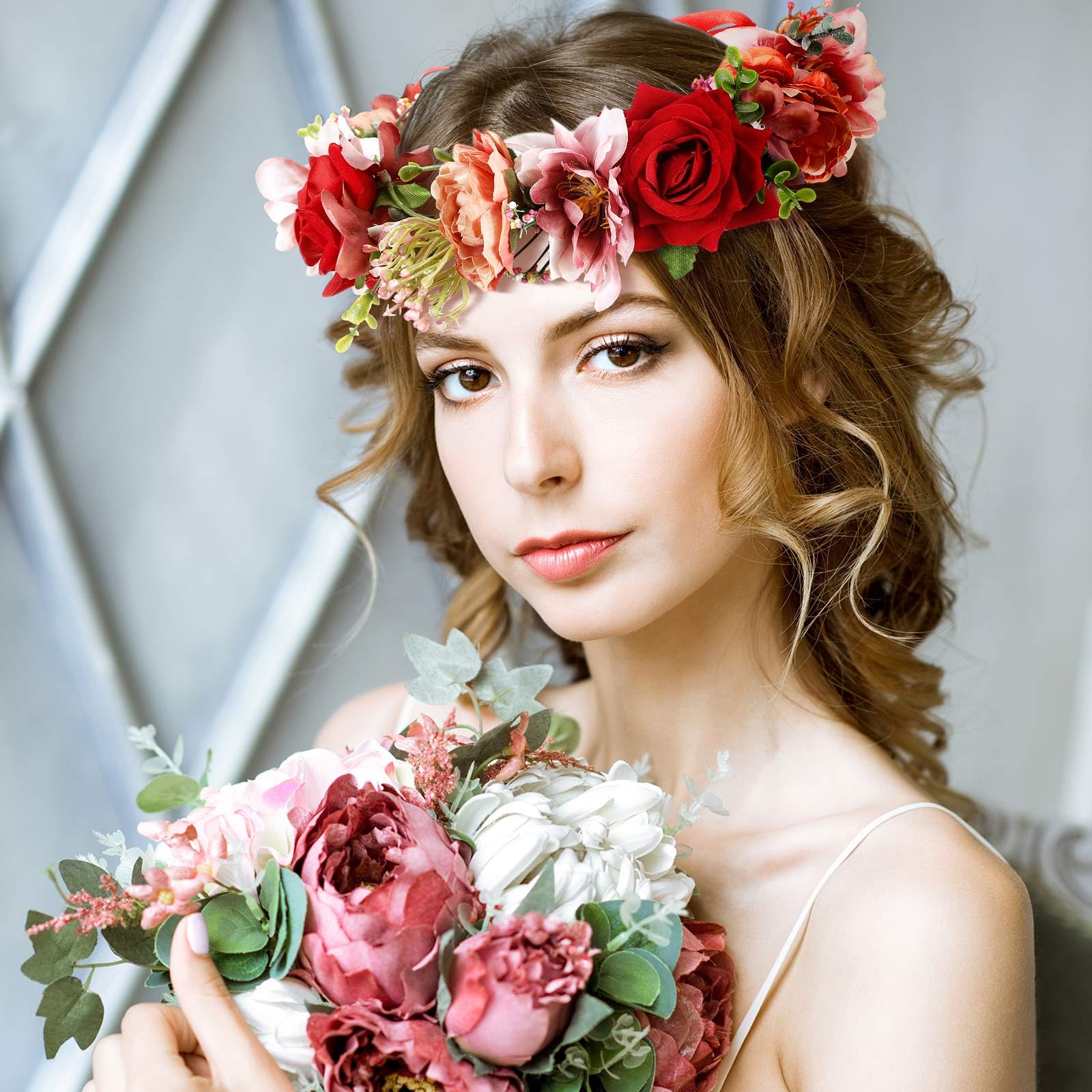 Bencailor Lot de 3 couronnes de fleurs réglables de style bohème pour femme, guirlande de mariage, fête de renaissance, accessoires pour photos de festival (couleur roman)
