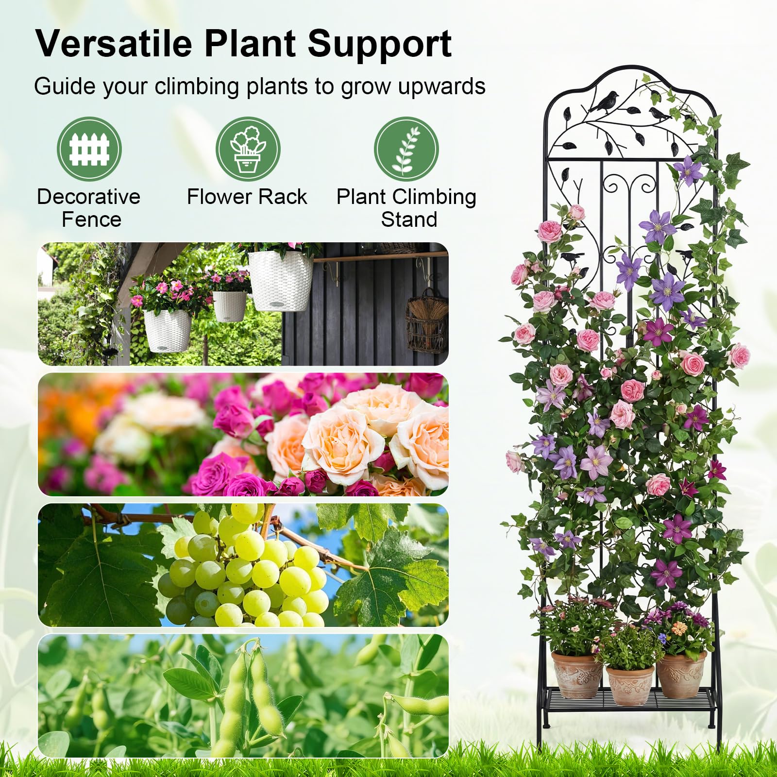GOPLUS Soporte de Jardín para Plantas Trepadoras, Valla Exterior de Metal con Estante Plegable, Dispositivo Antivuelco para Verduras, Flores y Frutas, para Boda, Fiesta (Negro,2)