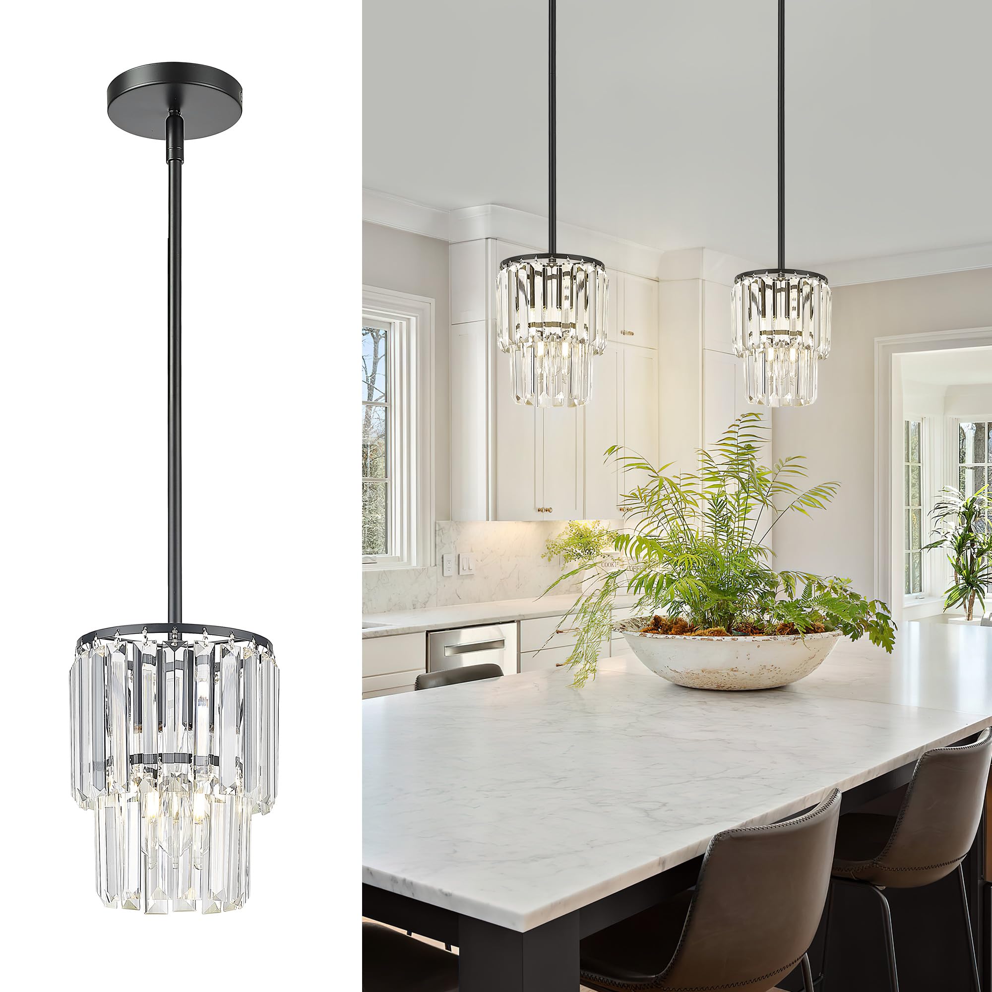 KLKLCH Small Chandelier Light Fixture, Black Crystal Pendant Light