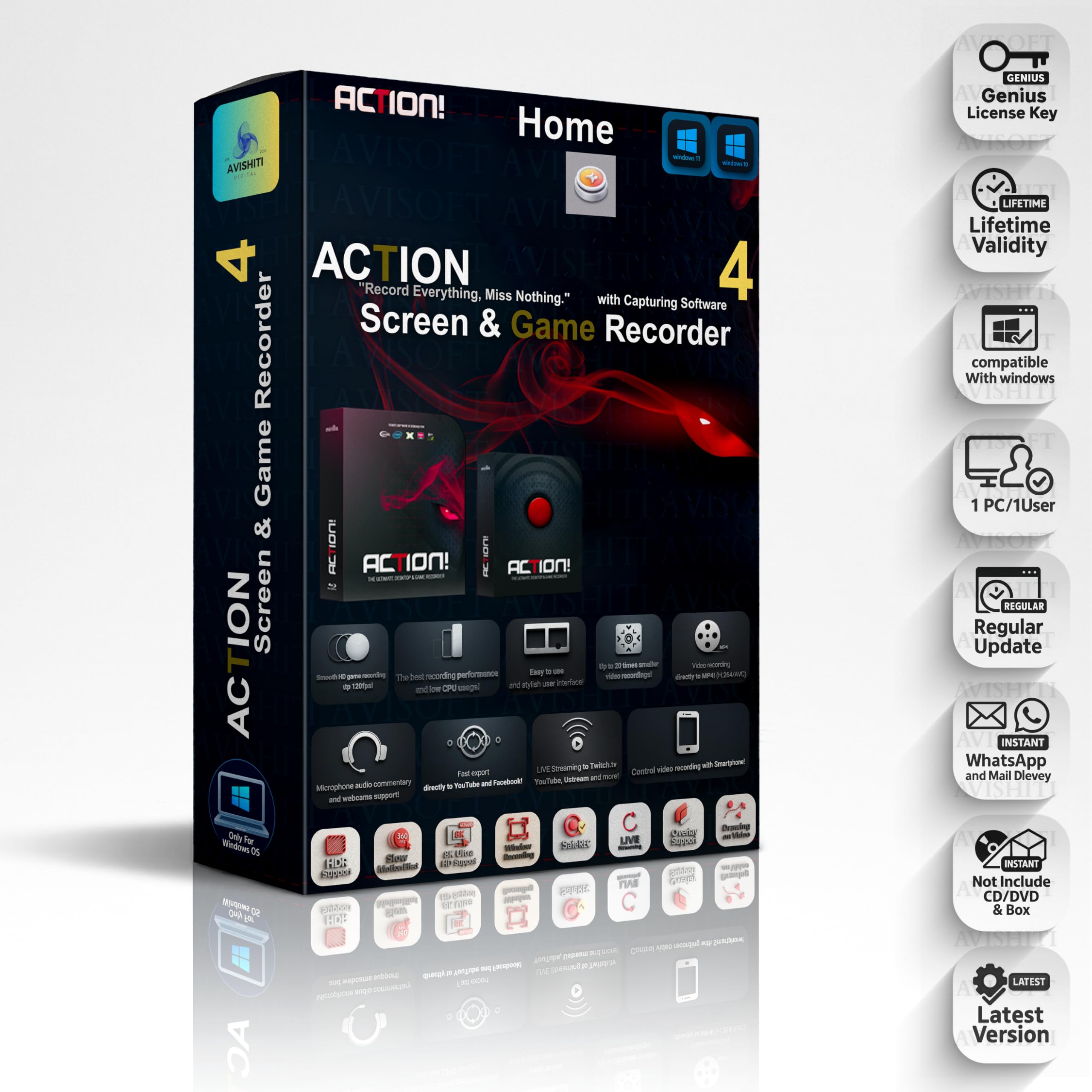 Action! 4 Screen & Game Recorder | Advanced PC Screen & Game Recording | Live Streaming & Advanced Video Editing | Real-Time 4K HDR10 Capture, Webcam & Audio Commentary Support | Time-Shift Recording | For Windows PC | Lifetime License for 1 PC