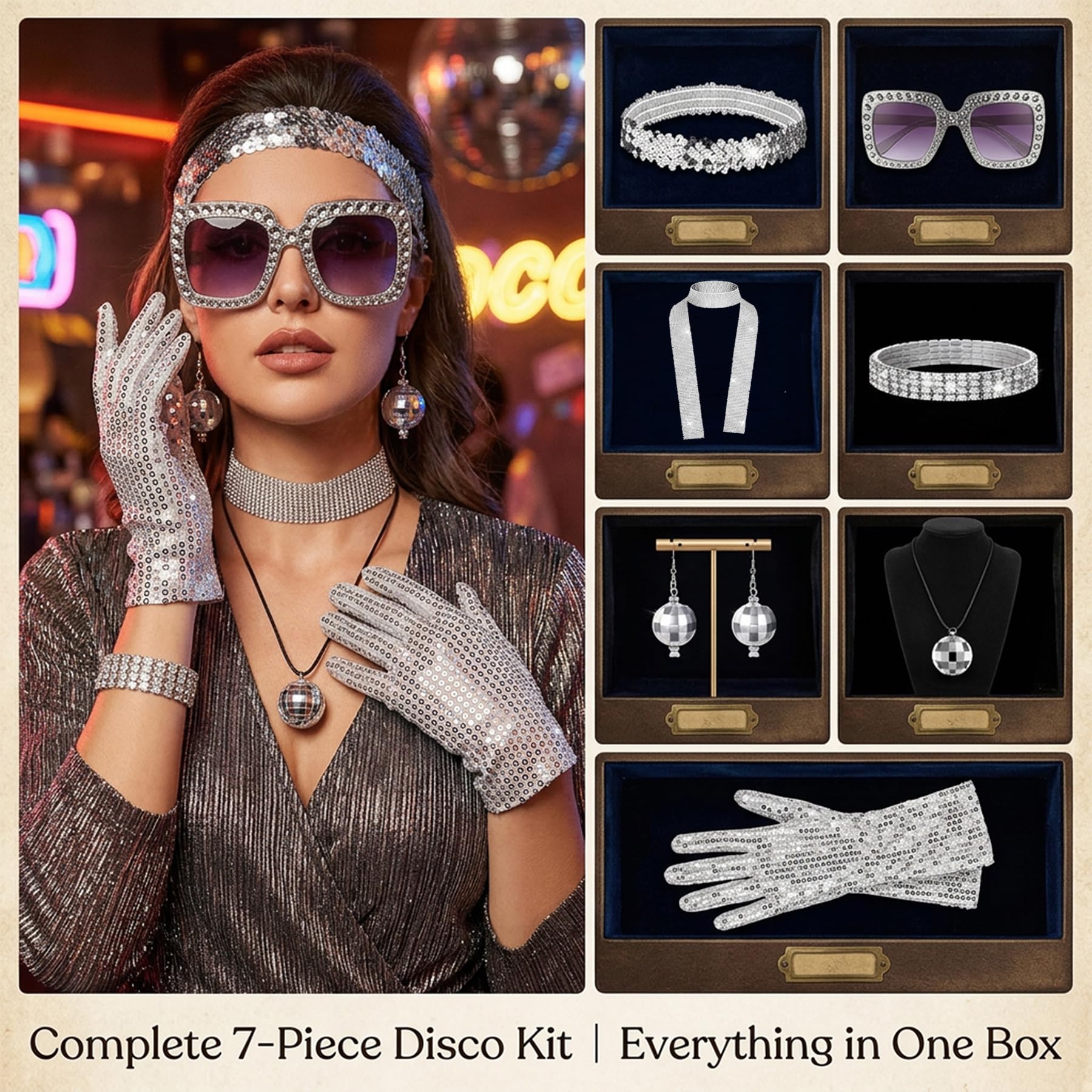 6pcs 70s Disco Accessories Set - Disco Outfits for Women with Glasses, Earrings, Gloves, Bracelet, Headband & Sequin Shawl — view 3