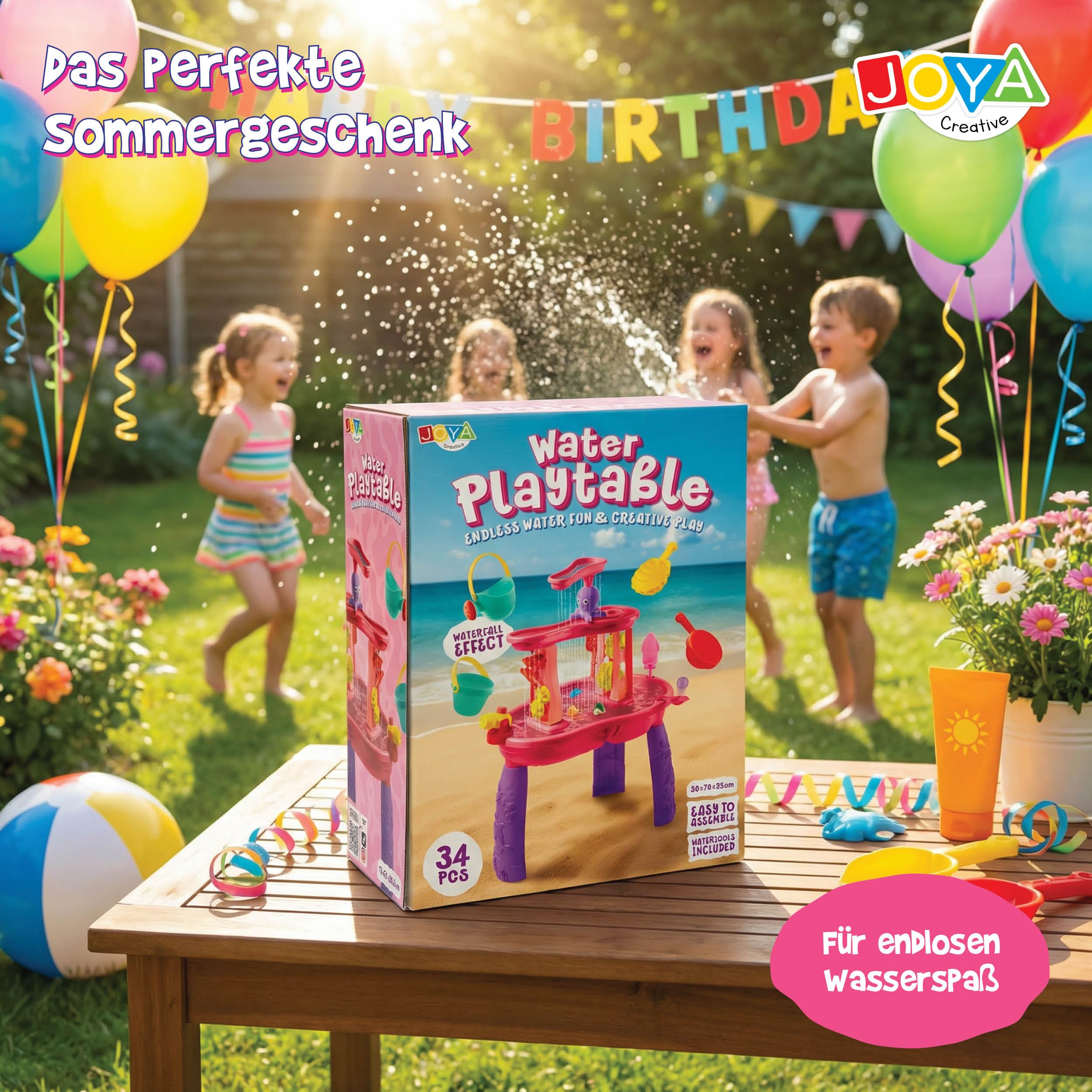 Tavolo d'acqua per bambine, tavolo da gioco ad acqua rosa, set di accessori da 34 pezzi, effetto cascata, dimensioni 59 x 38,5 x 73 cm, tavolo attività con acqua per esterni e giardino