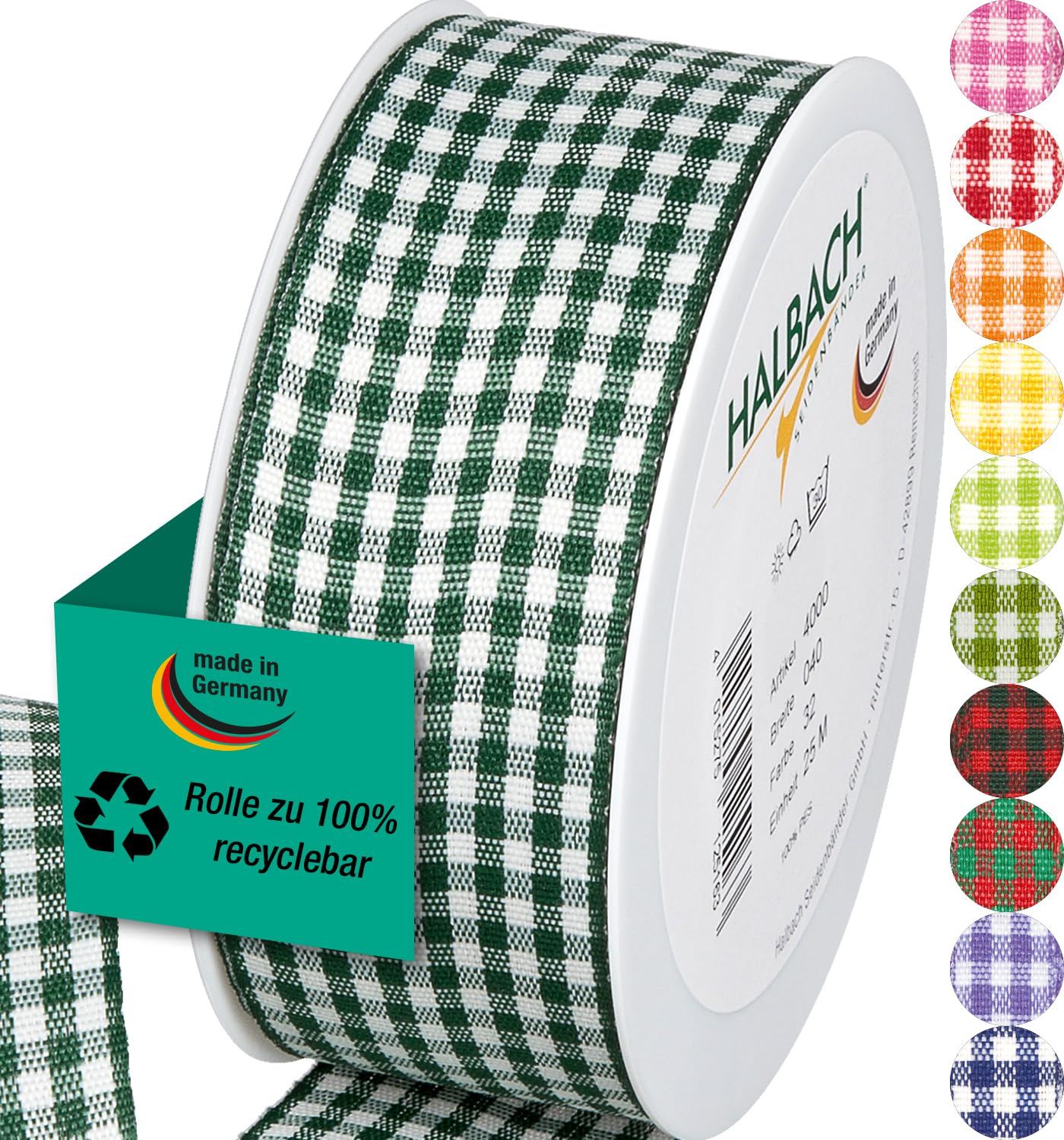 Halbach Seidenbänder Premium Vichy Checked Gift Ribbon (Dark Green) Width 40 mm Length 25 m Checked Ribbon Made in Germany Checked Ribbon in Many Colours