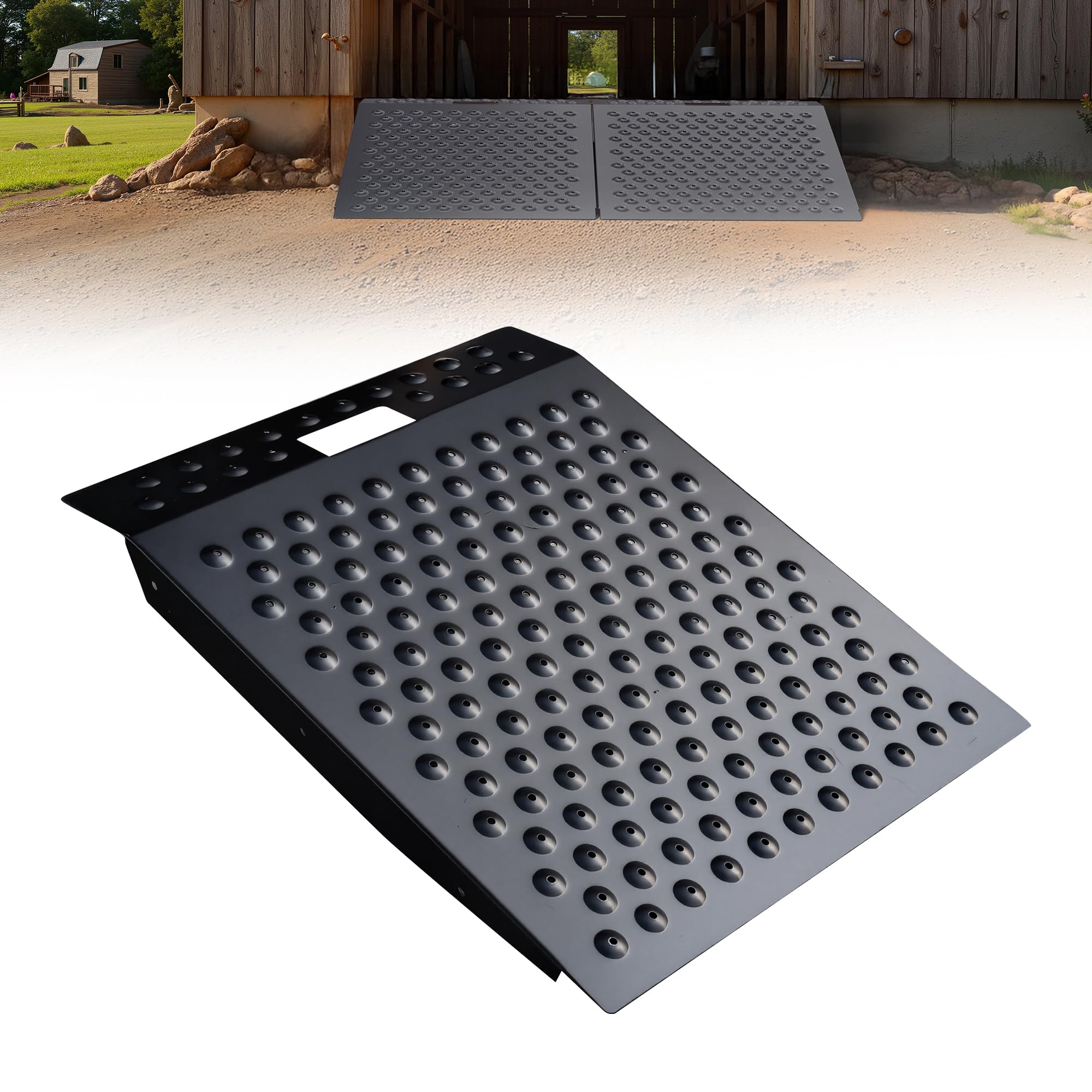 Rampe de Remise 74 cm x 61 cm pour Tondeuse Autoportée et Matériel de Jardin – Capacité 340 kg Plaque Perforée Antidérapante pour ATV, Motos, Garages et Granges (1 pièce)