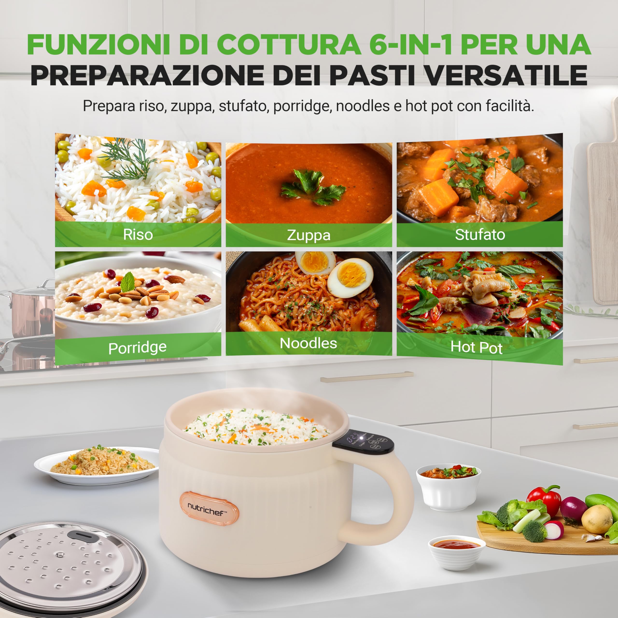 NutriChef Cuoci Riso Elettrico 1,5 Litri, Multi-Funzione con Rivestimento Antiaderente in Ceramica, Pannello Digitale, 6 Funzioni: Riso, Zuppe, Stufati, Porridge Istantaneo, Bianco