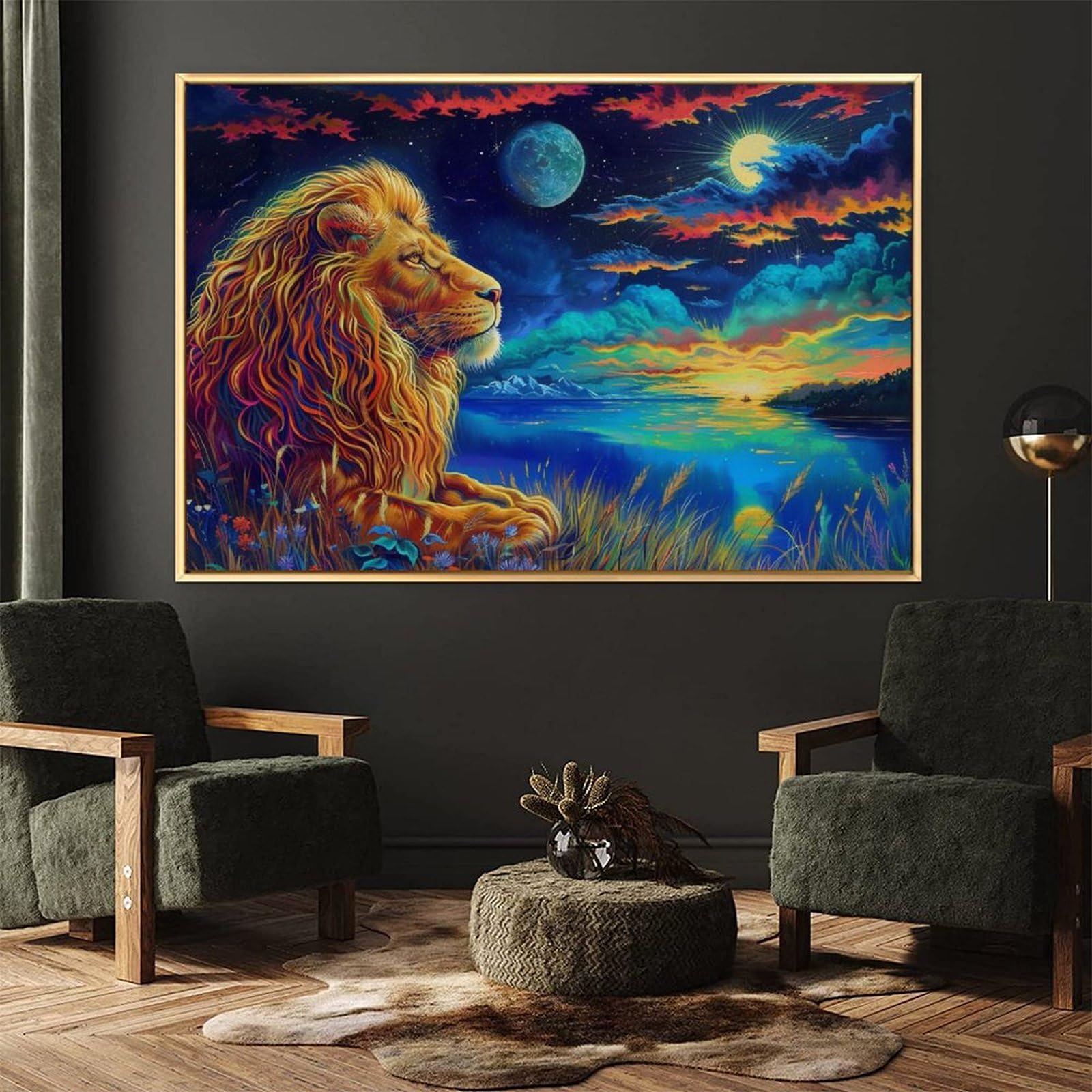 Amazon.co.jp: 絵画 月を見ているライオン アートパネル ポスター 動物