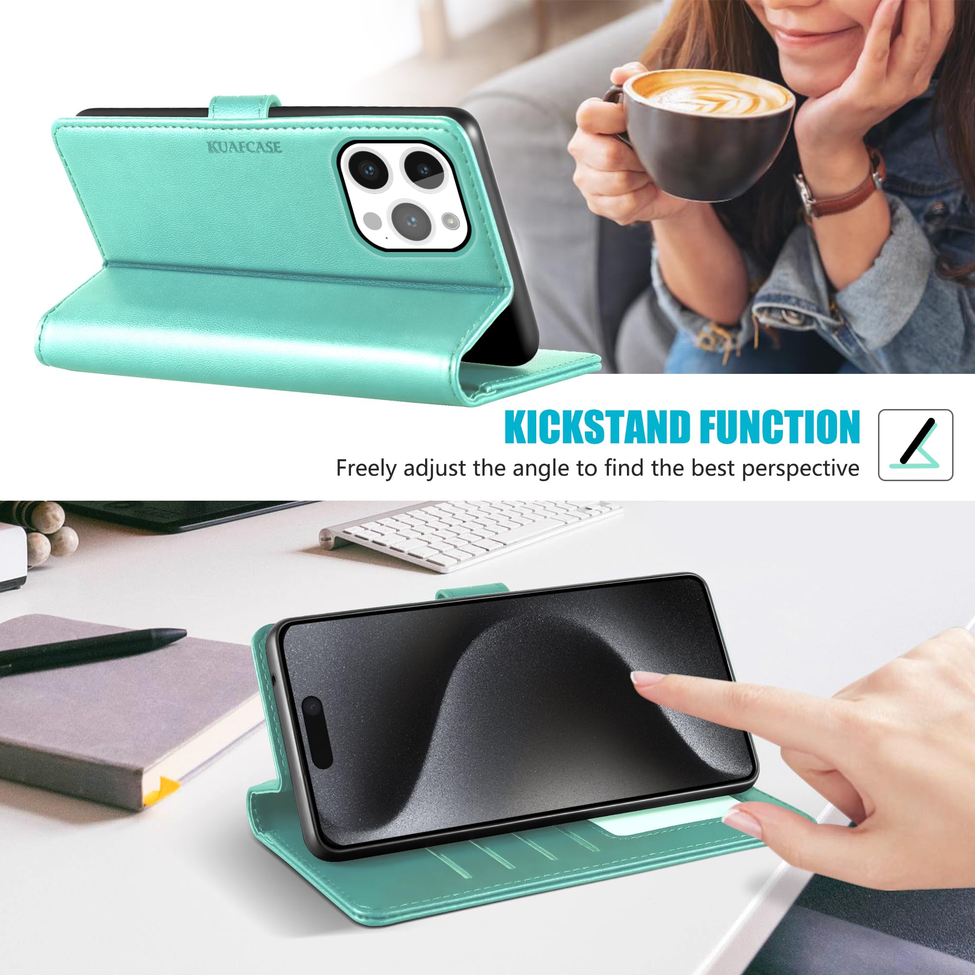 Kuafcase Compatible for iPhone 15 Pro Case with 4 Card Slots Magnetic Closure Kickstand Shockproof Protective Phone Case Compatible for iPhone 15 Pro - Image 4