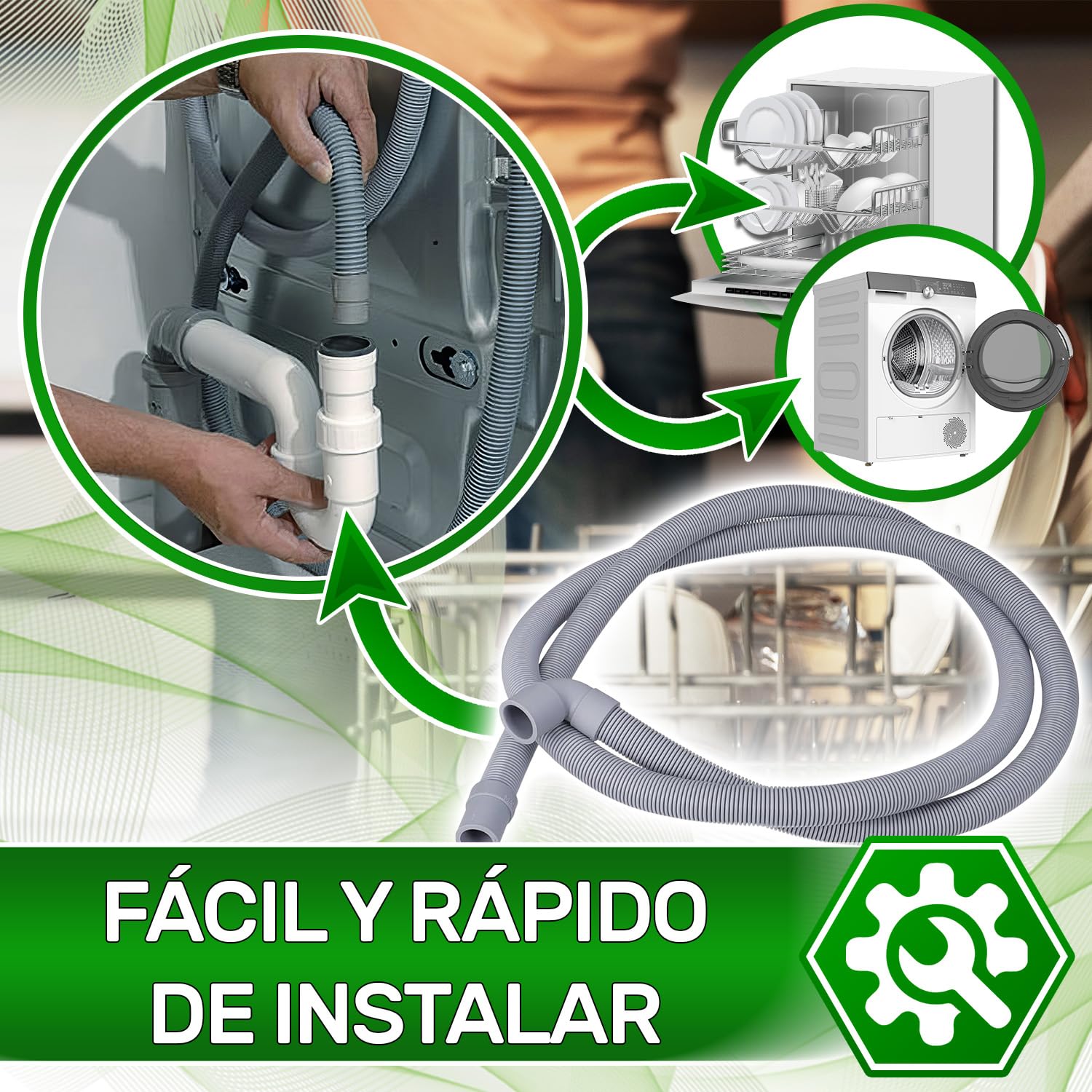 Desague Manguera Lavadora y Lavavajillas Universal 2 m Ø19/22 mm Código Original 1118270006 1118270030 8996461308406 C00318230 para AEG para Indesit para Whirlpool - Garantía de 5 Años - ONIX TECH — view 5