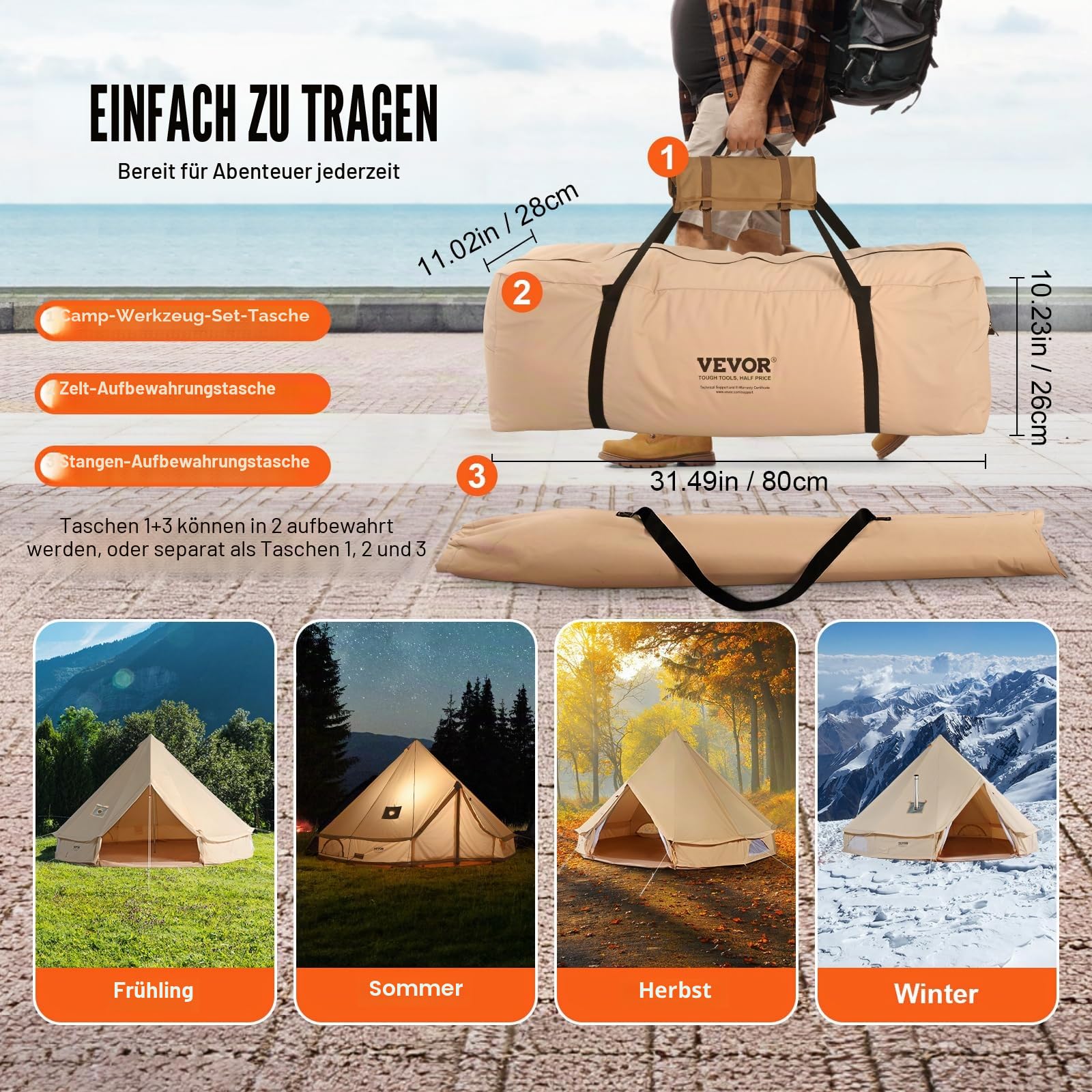 VEVOR Zeltglocke aus Segeltuch, Jurte 4 Jahreszeiten für Camping mit Herdwagenheber, atmungsaktiv hält bis zu 4 Personen, Familiencamping Outdoor Jagd Party
