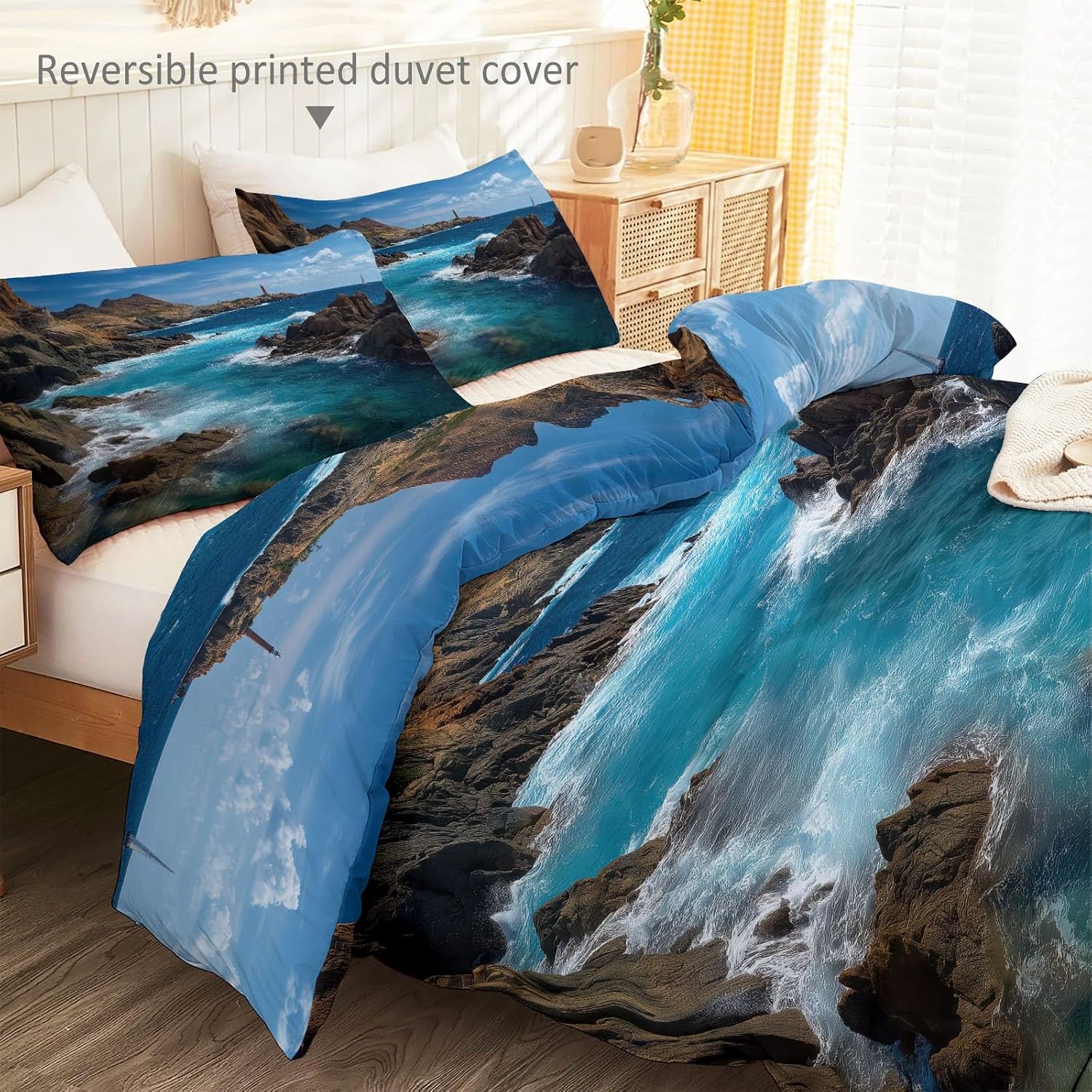 Duvet Cover Sets Nature Scenery Rocks Sea Reversible Bedding Printed Comforter Sets, Queen Size 90"x90" Bedding for Kids Boys Girls Adult, Quilt Cover with Zipper Closure 4 Ties, Blue Brown