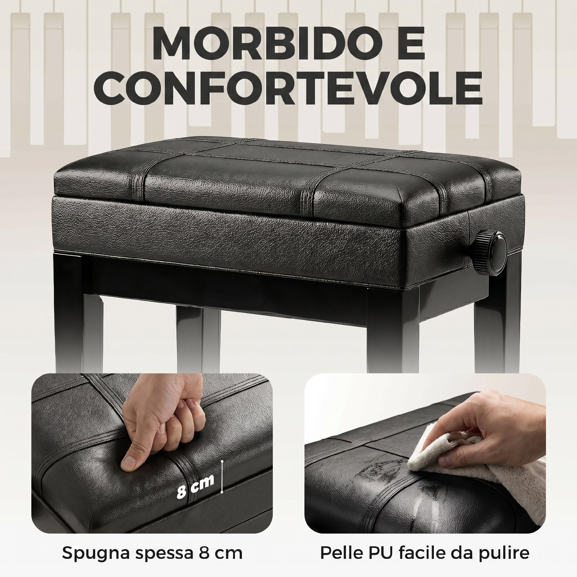 HOMCOM Sgabello per Pianoforte con Altezza Regolabile e Vano Contenitore, Panca per Pianoforte in Legno e Finta Pelle PU, 63x35x46-56cm, Nero