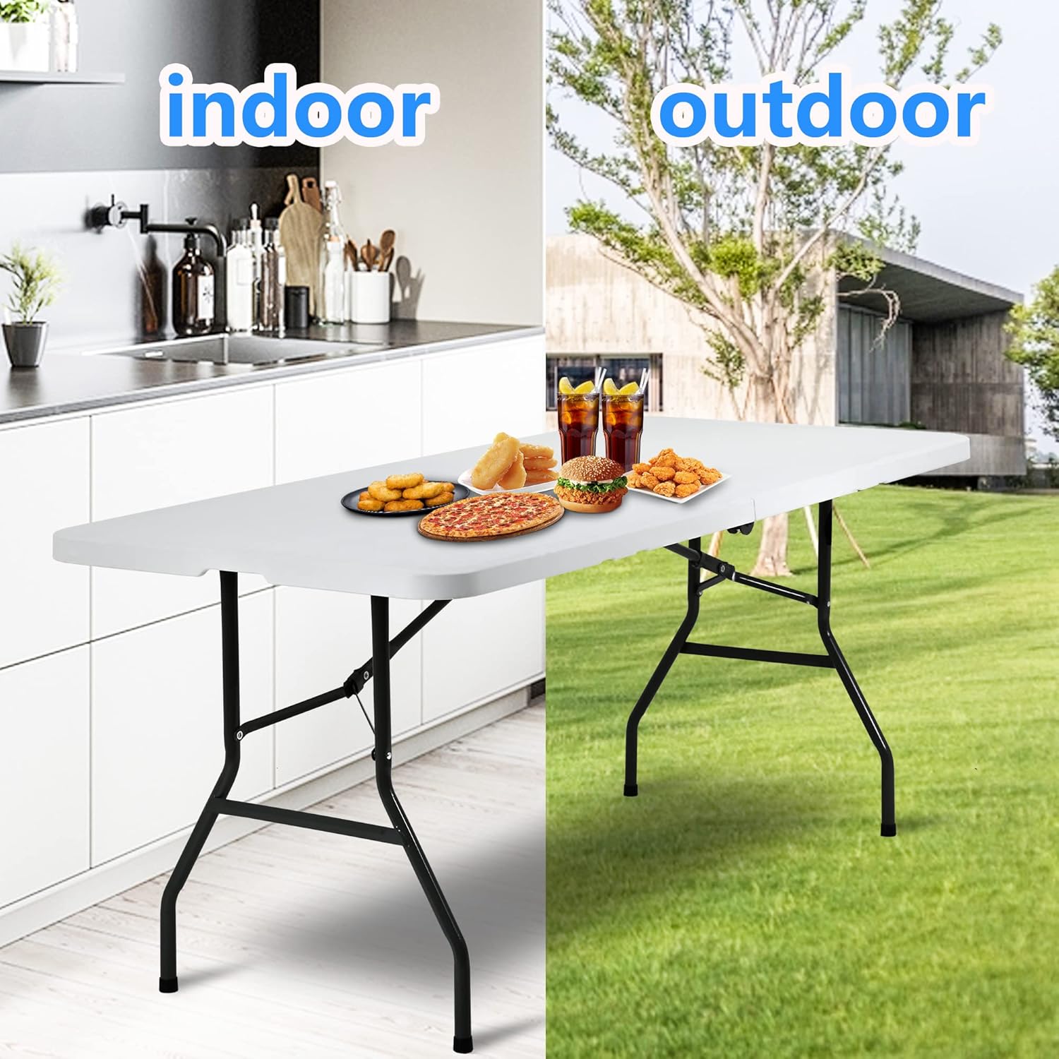 Camping Table Plastic Picnic Table Office Table for Parties Wedding Camping Office with Carrying Handle (White, 6 FT)