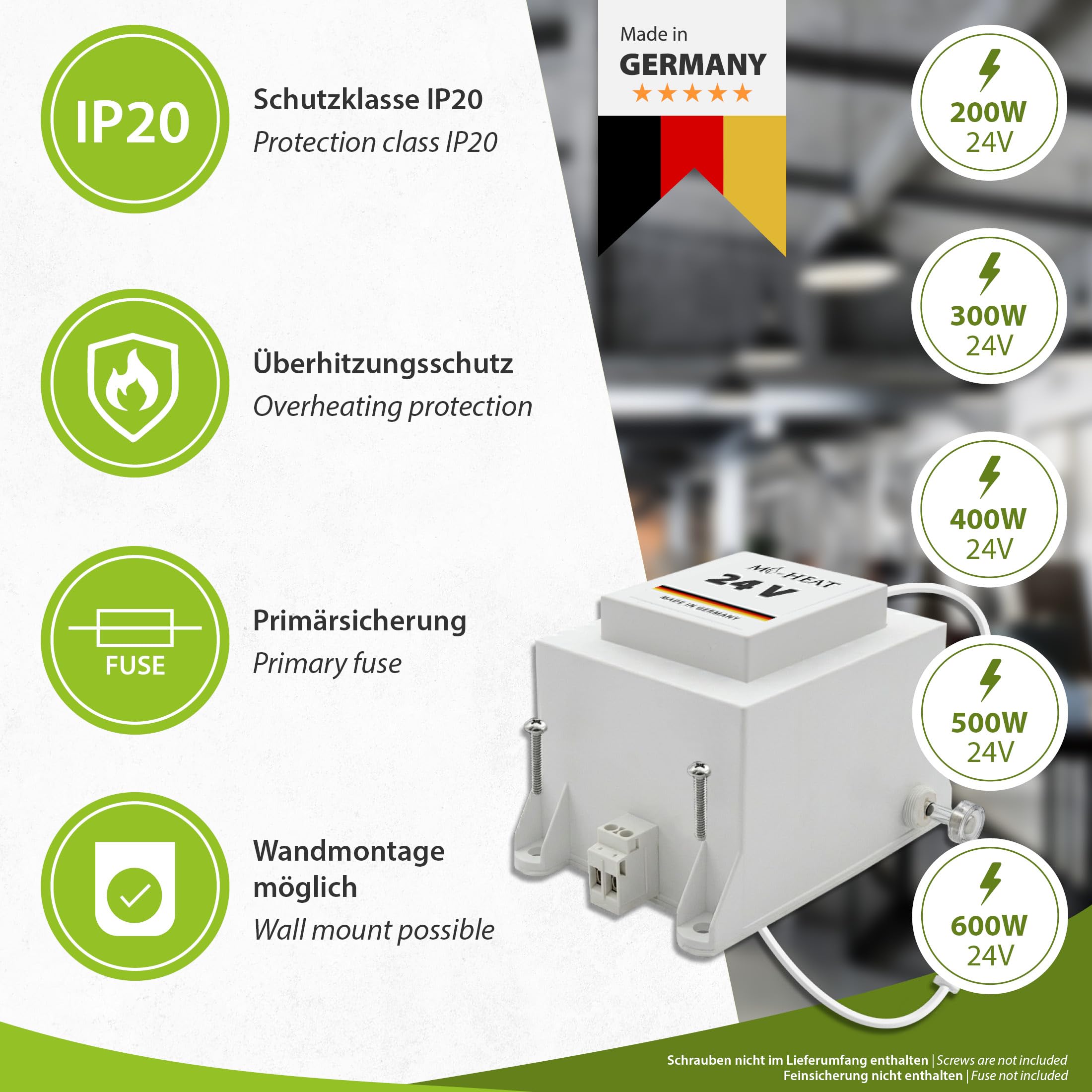 Transformateur de sécurité 24 V / 600 W - Boîtier ABS - Protection contre les surcharges et la surchauffe - Montage mural et sur pied - IP20