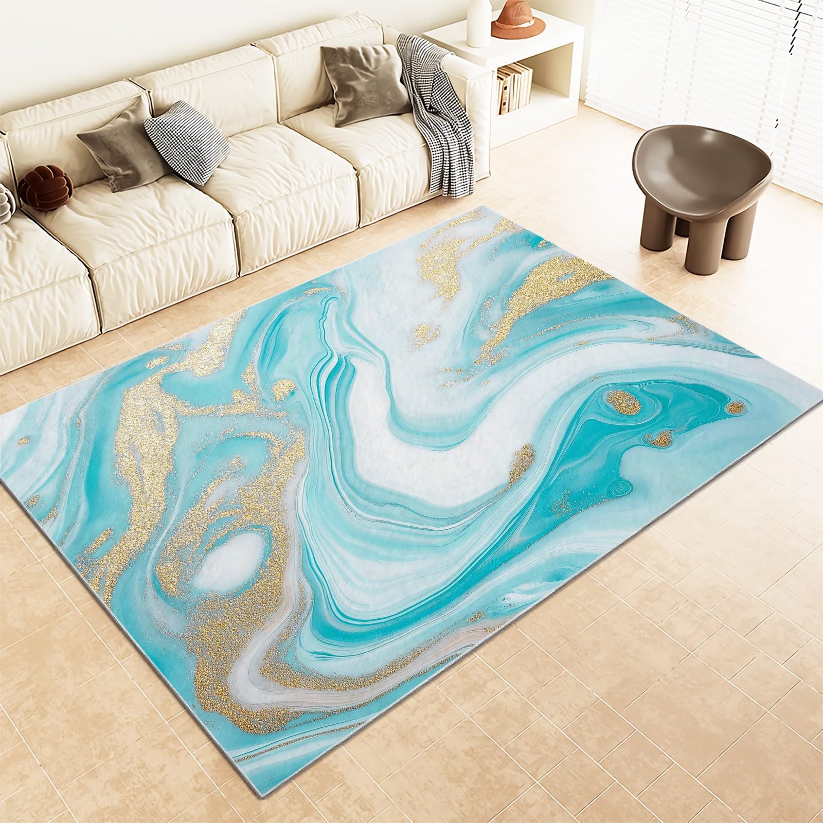 Tapis flanelle aquarelle marbré turquoise pour chambre et salon