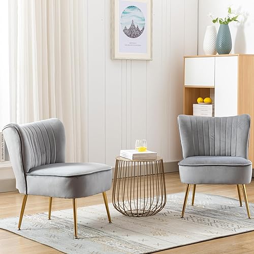 Miniatura 5 de Juego de 2 cómodas sillas de terciopelo para sala de estar, sin brazos, silla auxiliar de mediados de siglo, sofá individual con patas doradas,