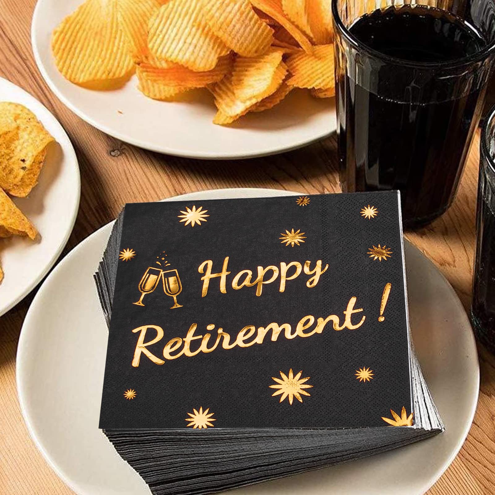 Happy Retirement Servietten – 20 Stück, 16,5 X 16,5 Cm, Schwarz-gold, Für Abschiedsparty & Ruhestandsfeier